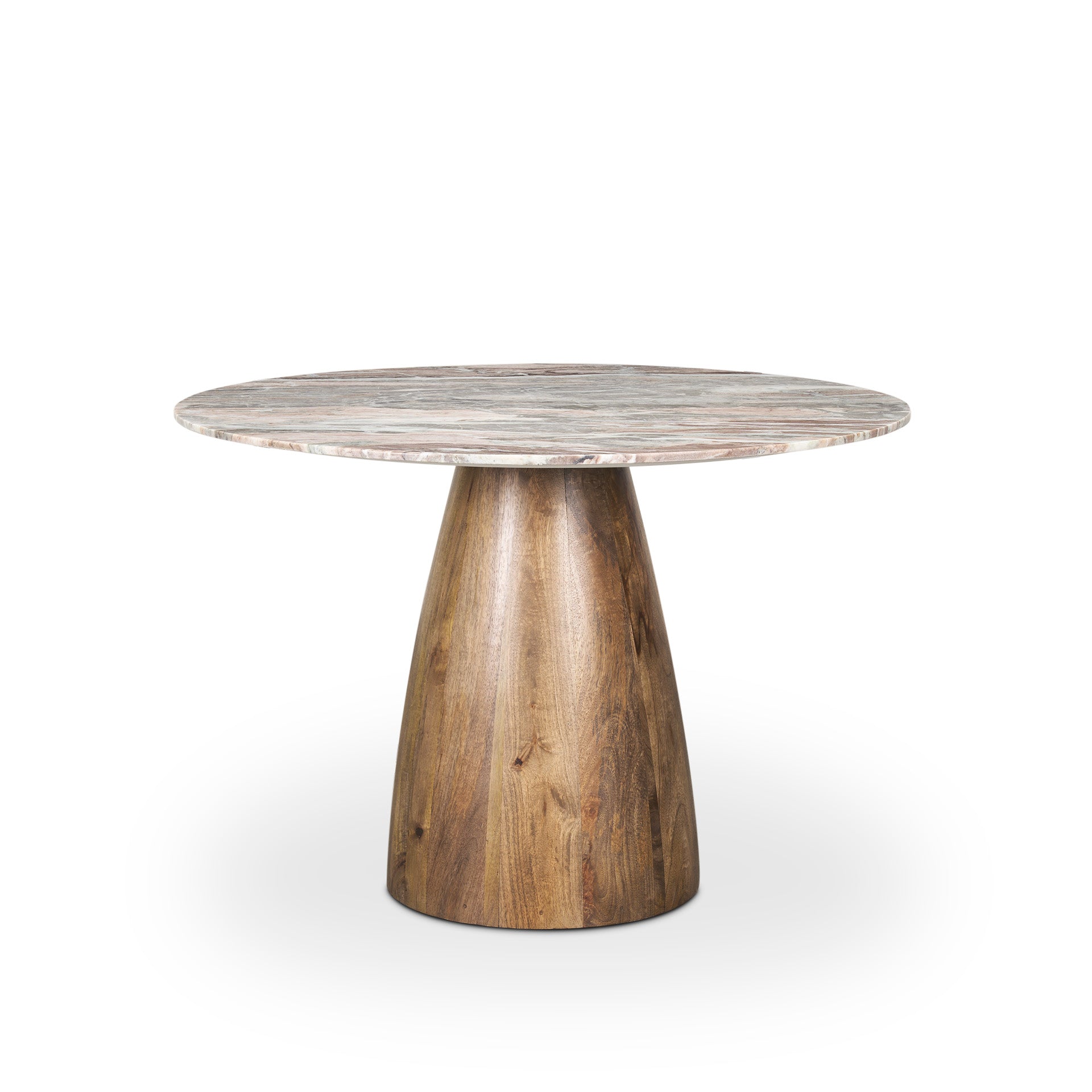 Allyson 42" Round Brown Wood Pedestal w/ Savar Pink Marble Top Dining Table - Central Designs