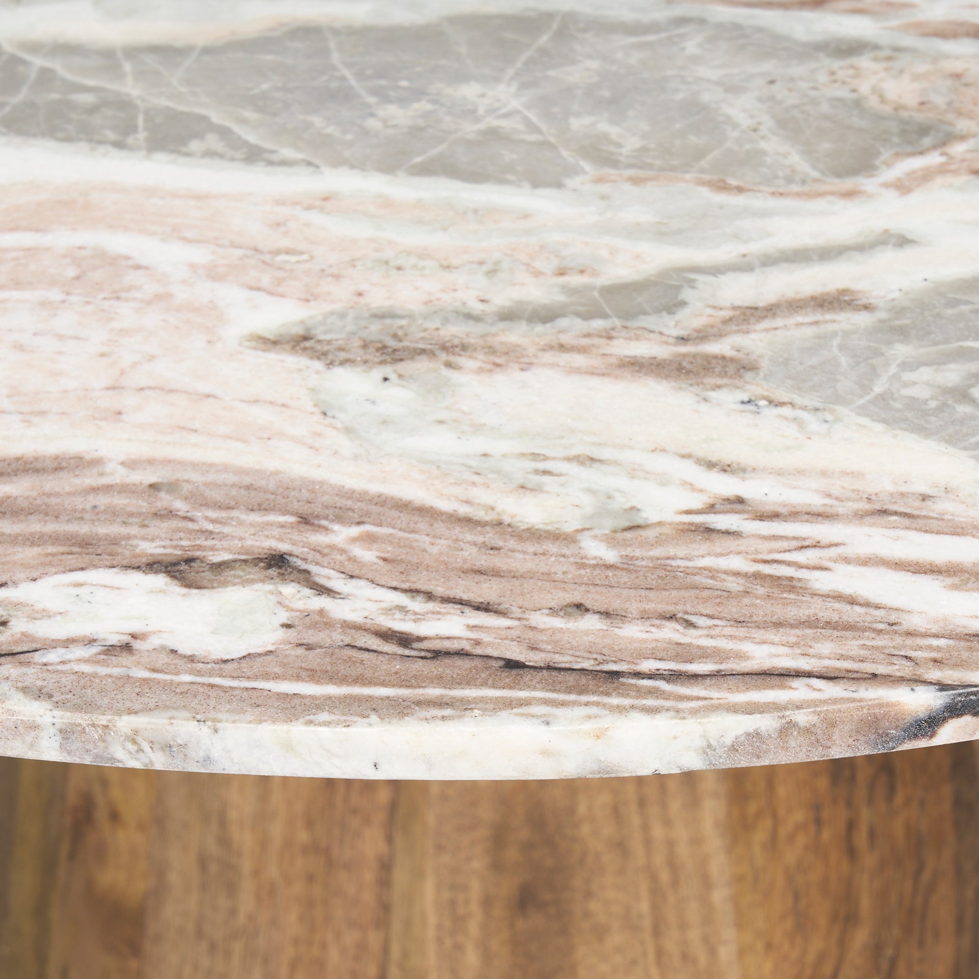 Allyson 42" Round Brown Wood Pedestal w/ Savar Pink Marble Top Dining Table - Central Designs
