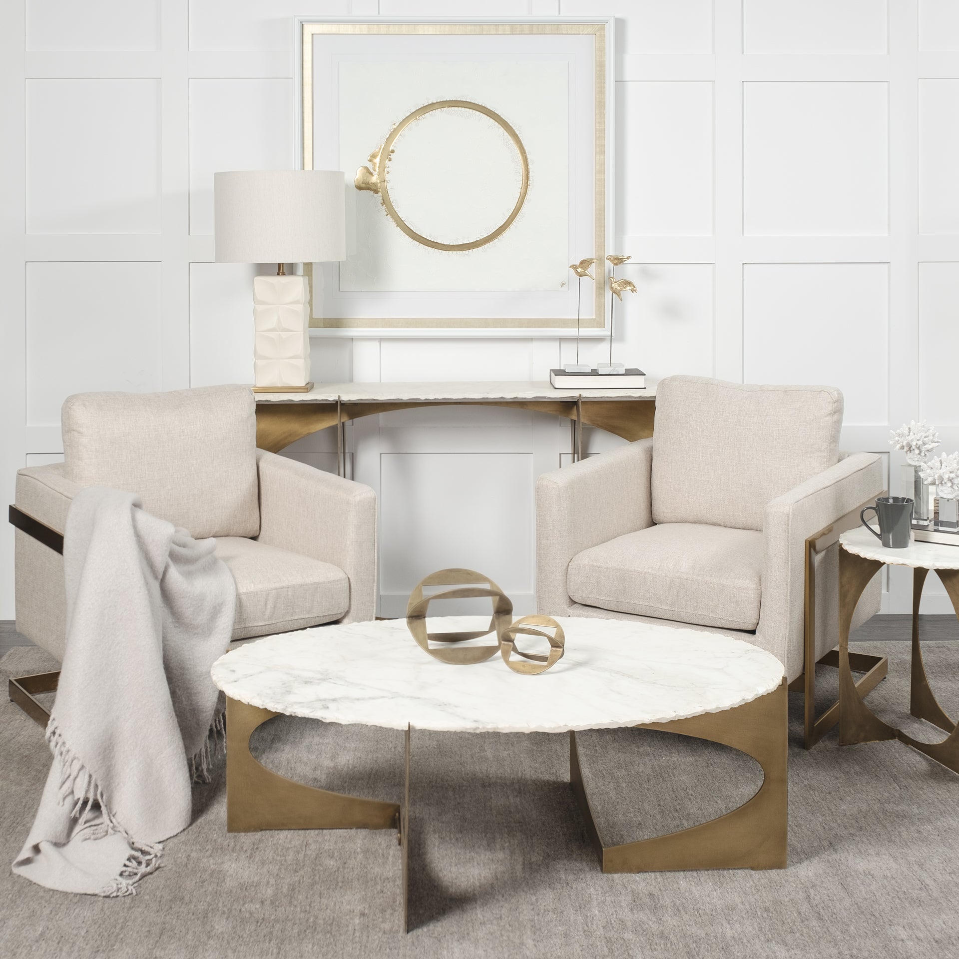 Reinhold 49" Round White Marble Top Gold Metal Base Coffee Table - Central Designs