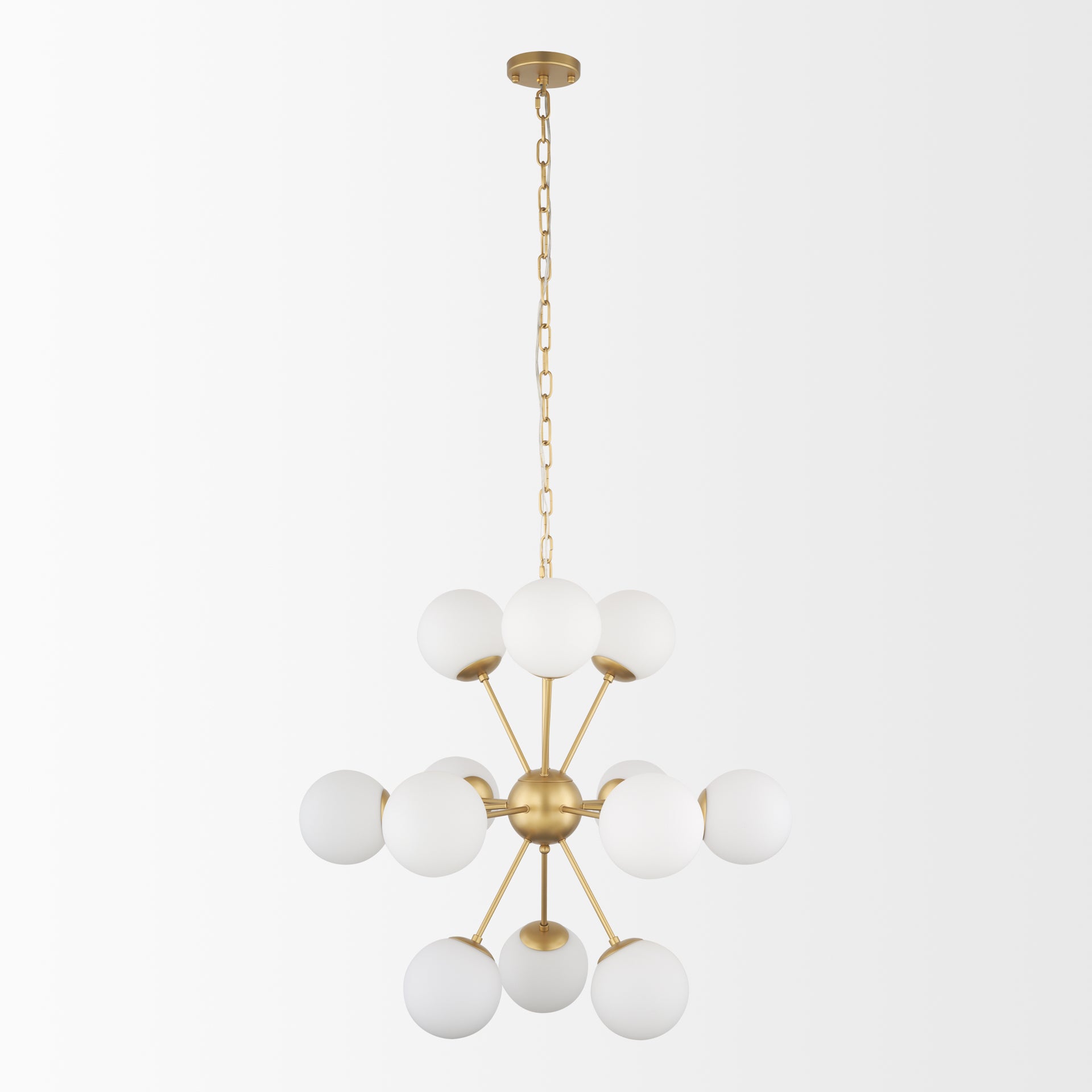 Barbara Brushed Gold Metal w/ Frosted Glass Globes 11 - Light Chandelier - Central Designs