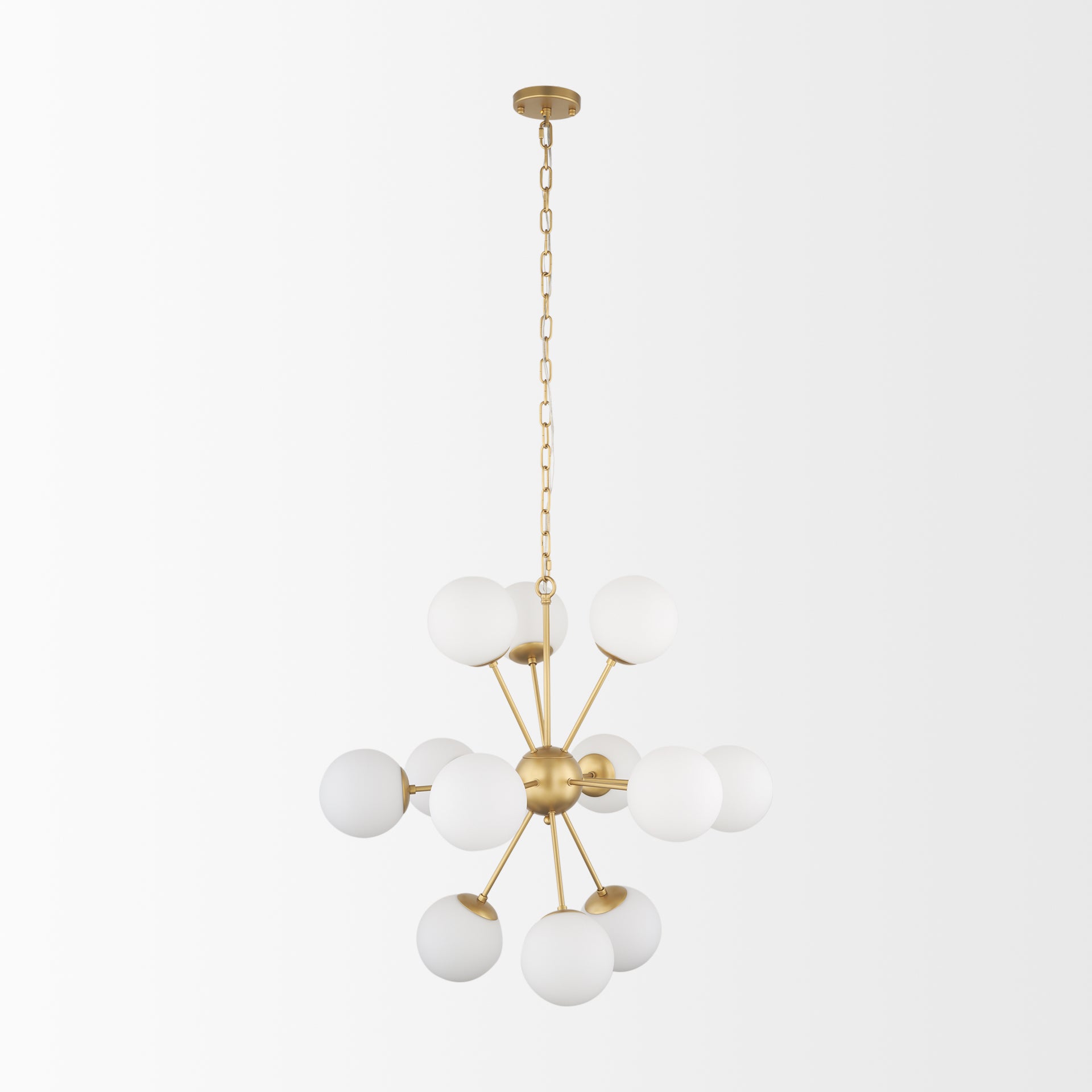 Barbara Brushed Gold Metal w/ Frosted Glass Globes 11 - Light Chandelier - Central Designs