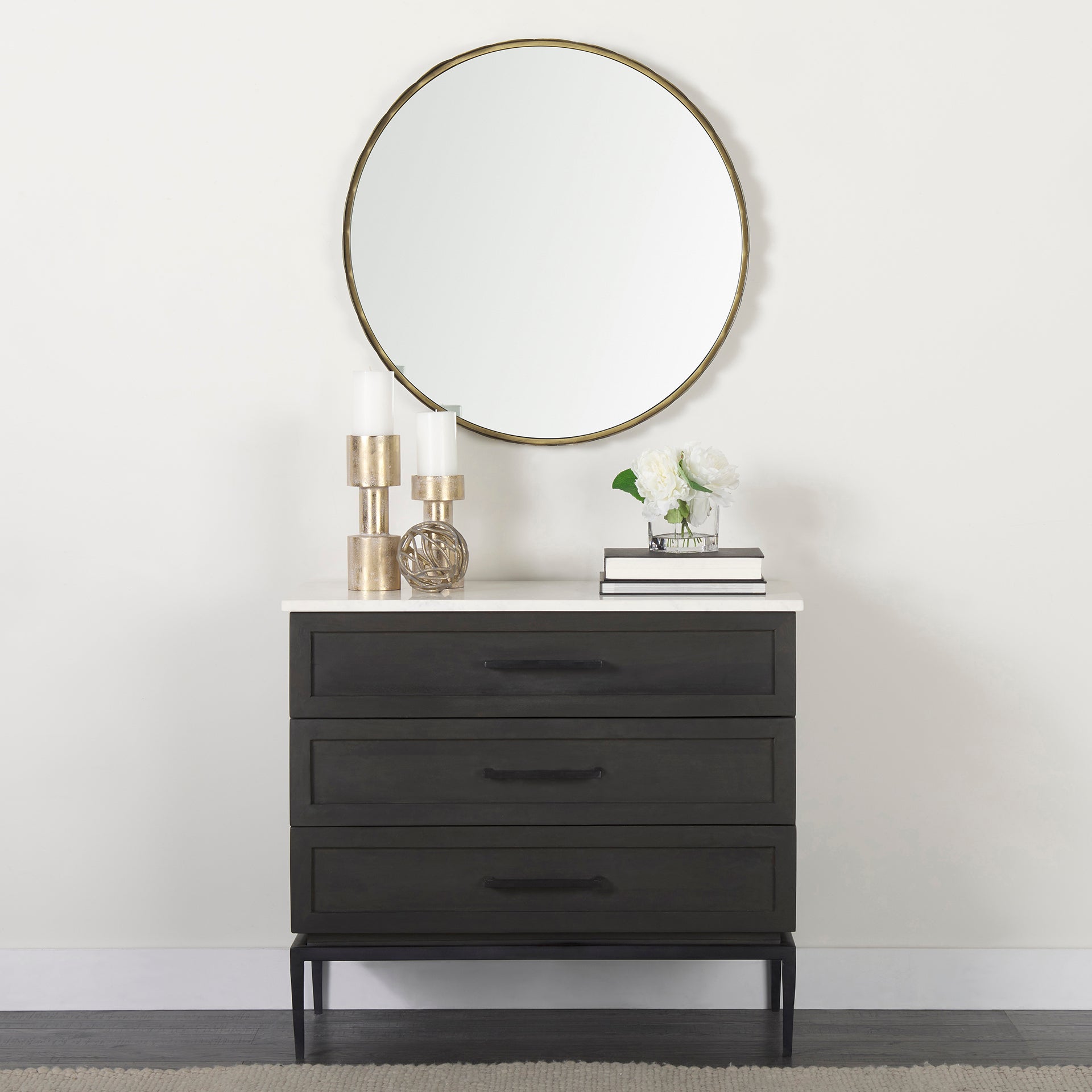 Divina Black - Brown Wood w/ White Marble Top and Black Metal Base Accent Cabinet - Central Designs