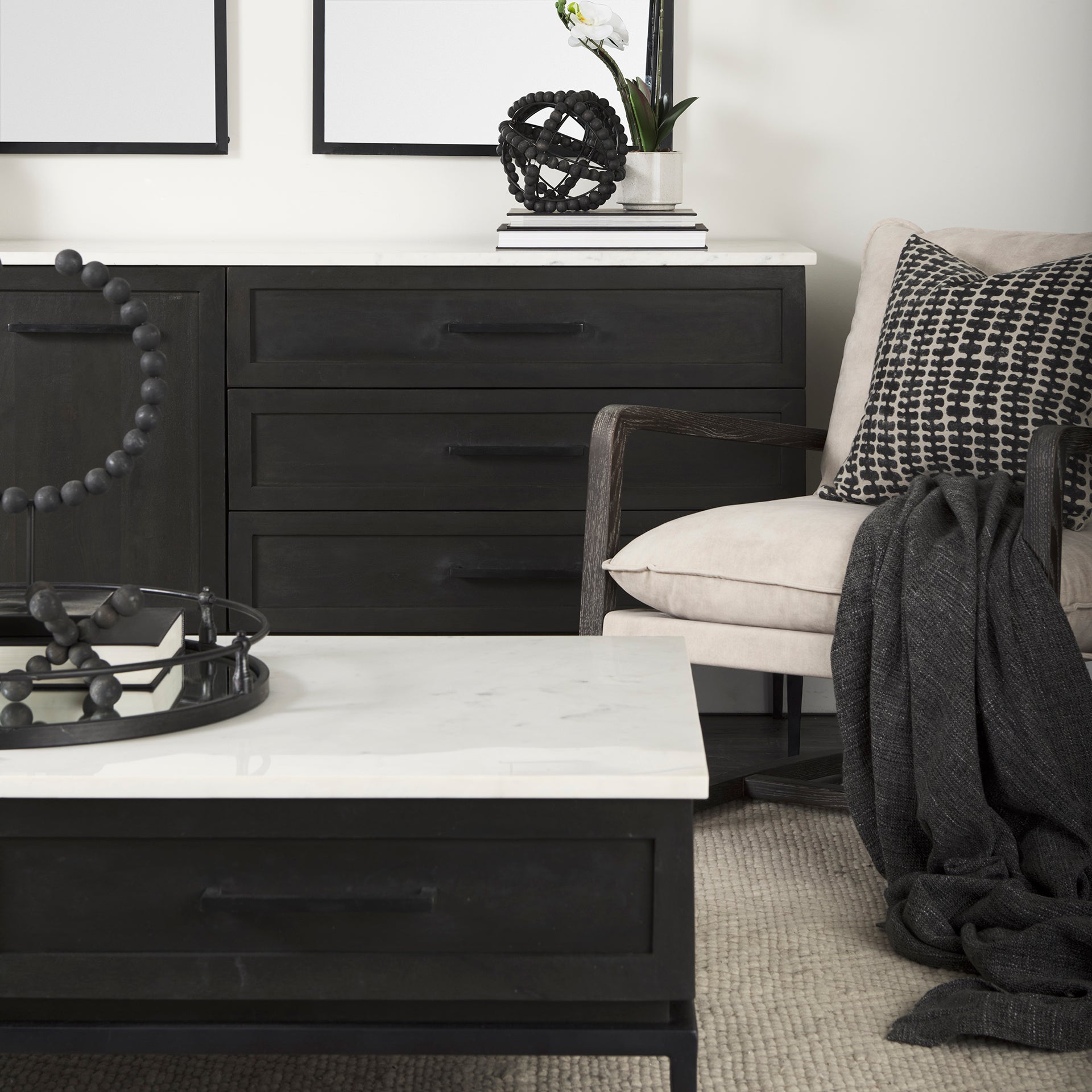 Divina Black - Brown Wood w/ White Marble Top and Black Metal Base Sideboard - Central Designs