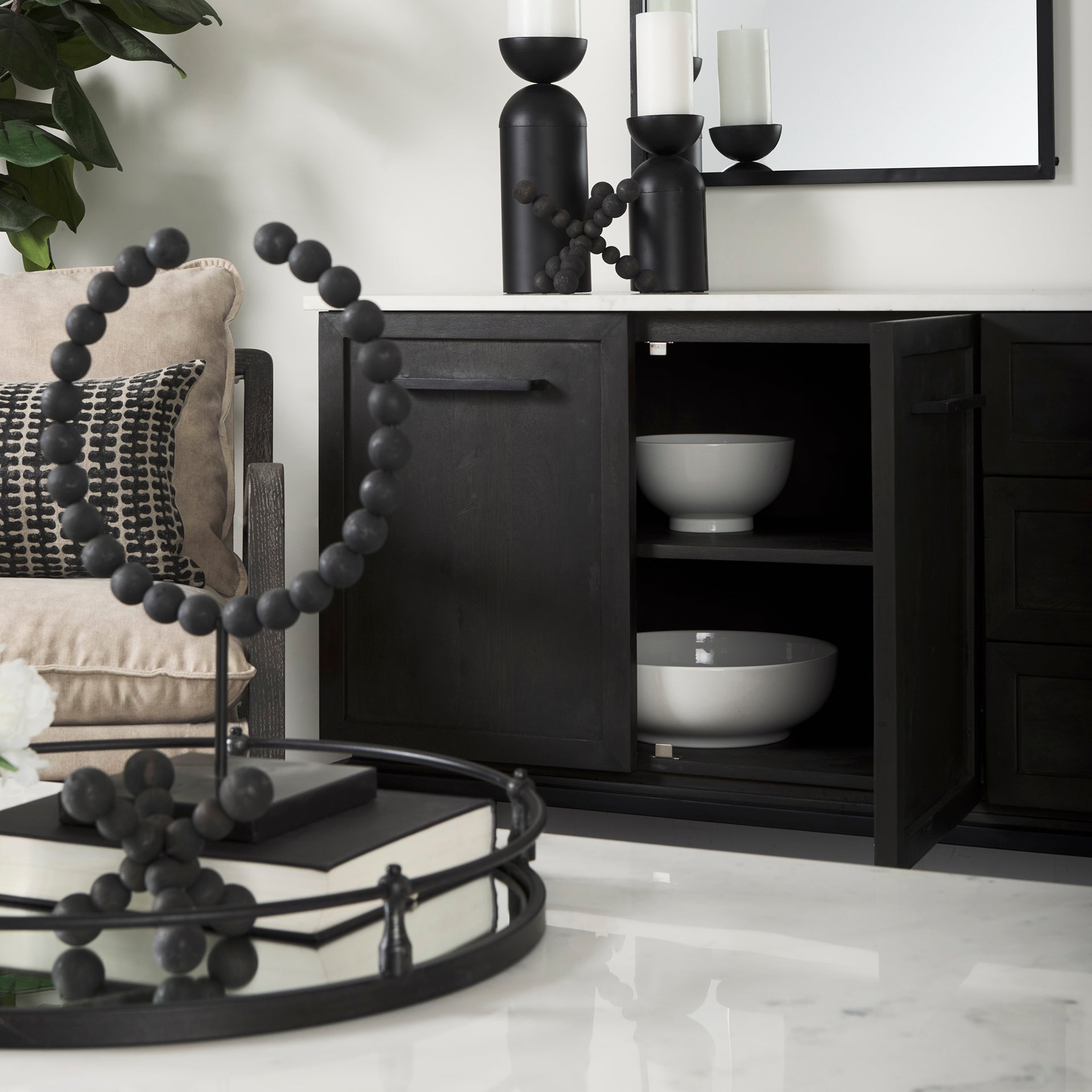 Divina Black - Brown Wood w/ White Marble Top and Black Metal Base Sideboard - Central Designs