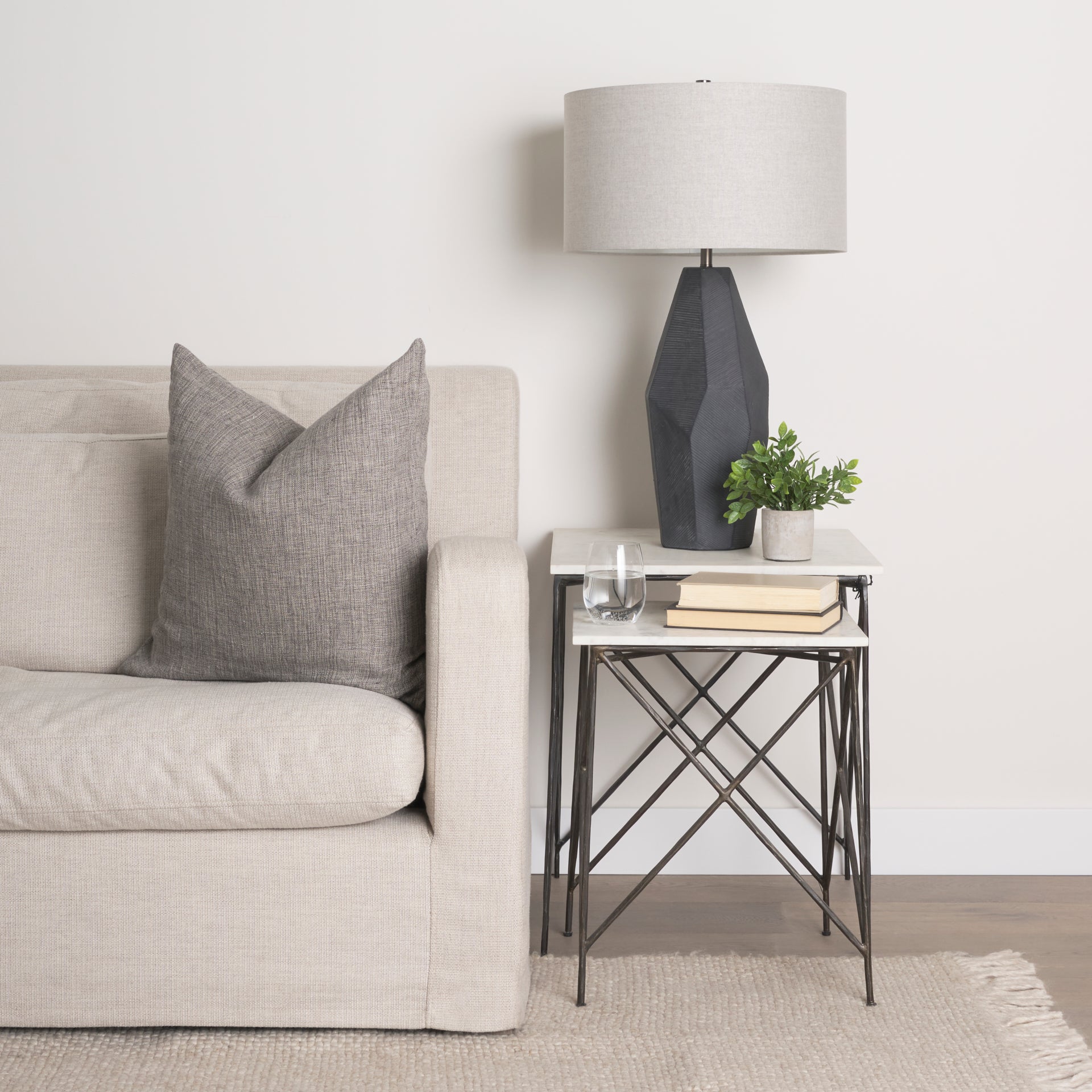 Lorlei 20.0L x 20.0W x 23.8H White Marble Top W/ Gray Iron Legs End and Side Table - Central Designs