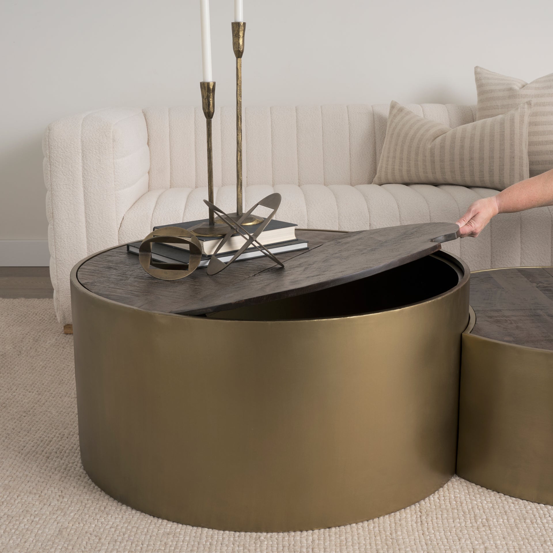 Eclipse Antique Brass Metal Drum Base w/ Dark Brown Wood Top Nested Coffee Table