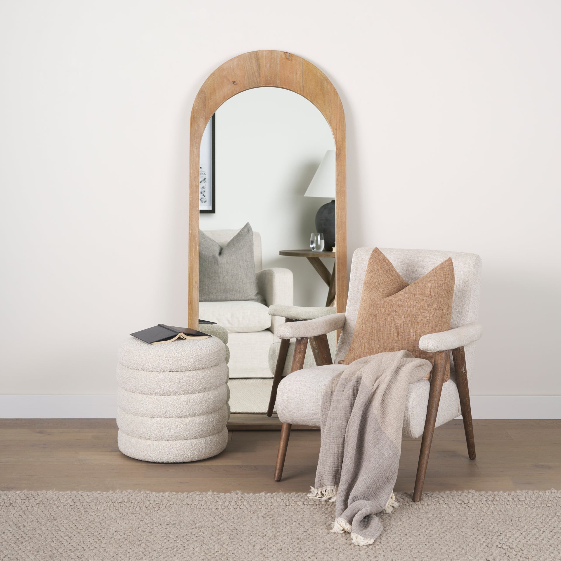 Celeste Light Brown Wood Arched Floor Mirror - Central Designs