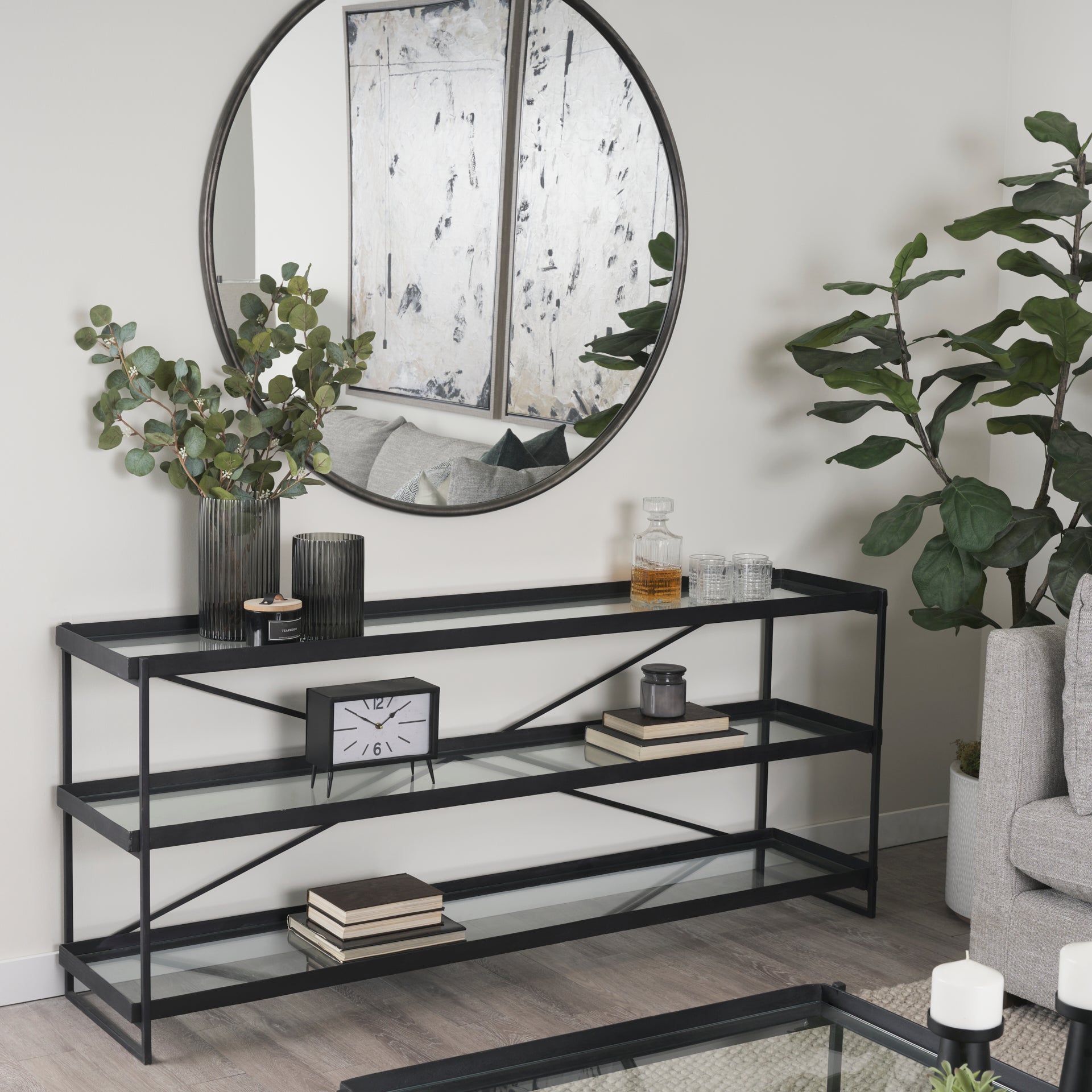 Trey 72.0"L x 16.0"W x 30.0"H Black Metal W/Glass Console Table - Central Designs