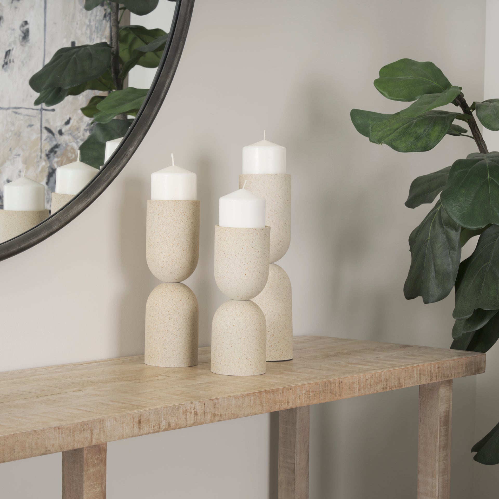 Qamra Medium Beige Textured Metal Pillar Candle Holder Candle Holder - Central Designs