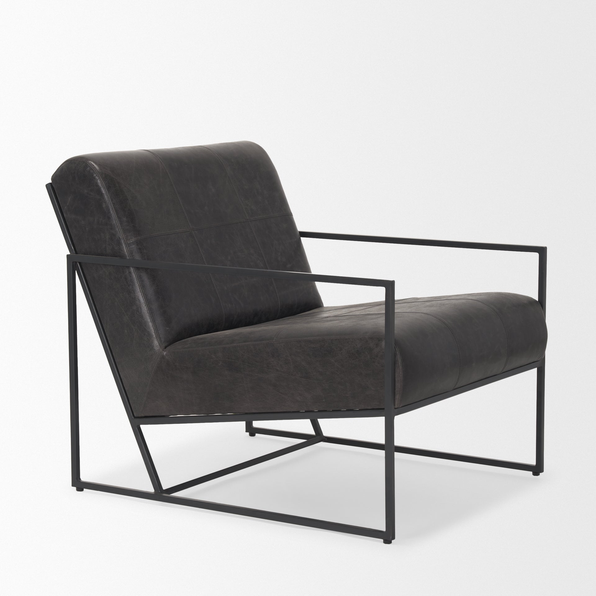 Stratton Gunmetal w/ Genuine Aged Black Leather Upholstered Accent Chair - Central Designs