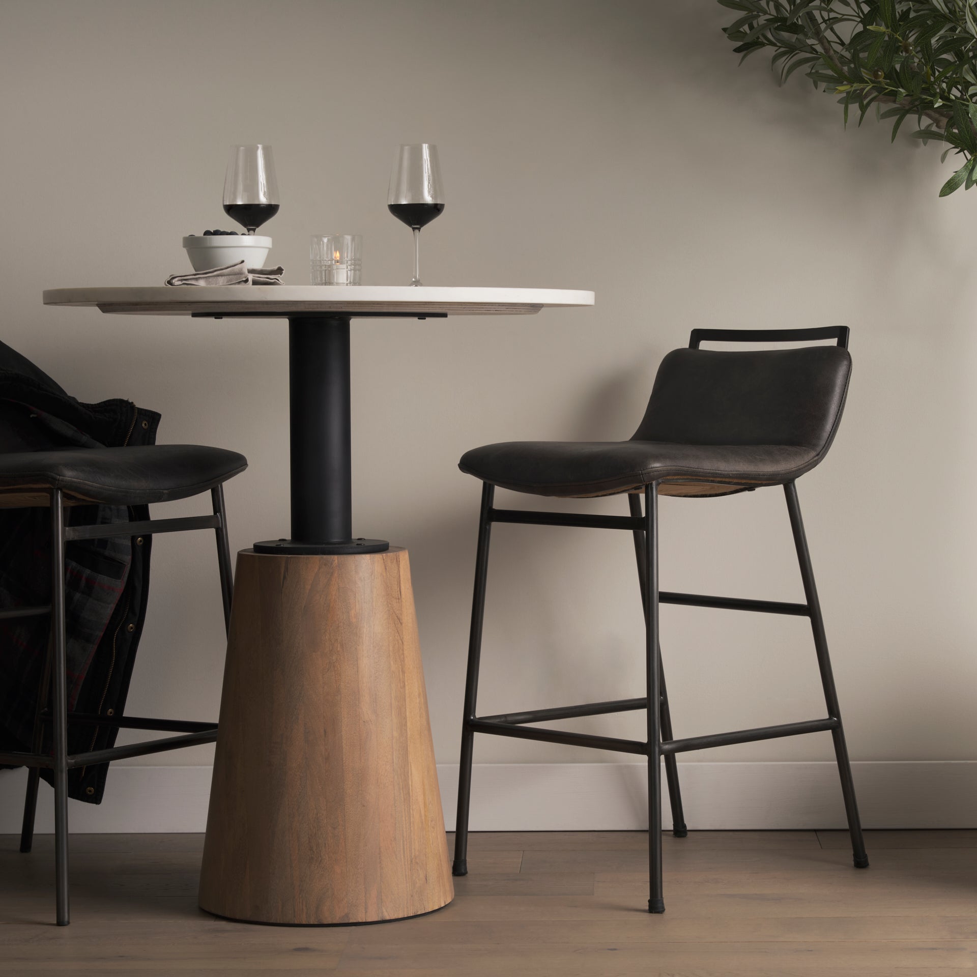Maxwell 32" Round White Marble Tabletop w/ Blonde Wood & Black Metal Accent Pedestal Bistro Table - Central Designs