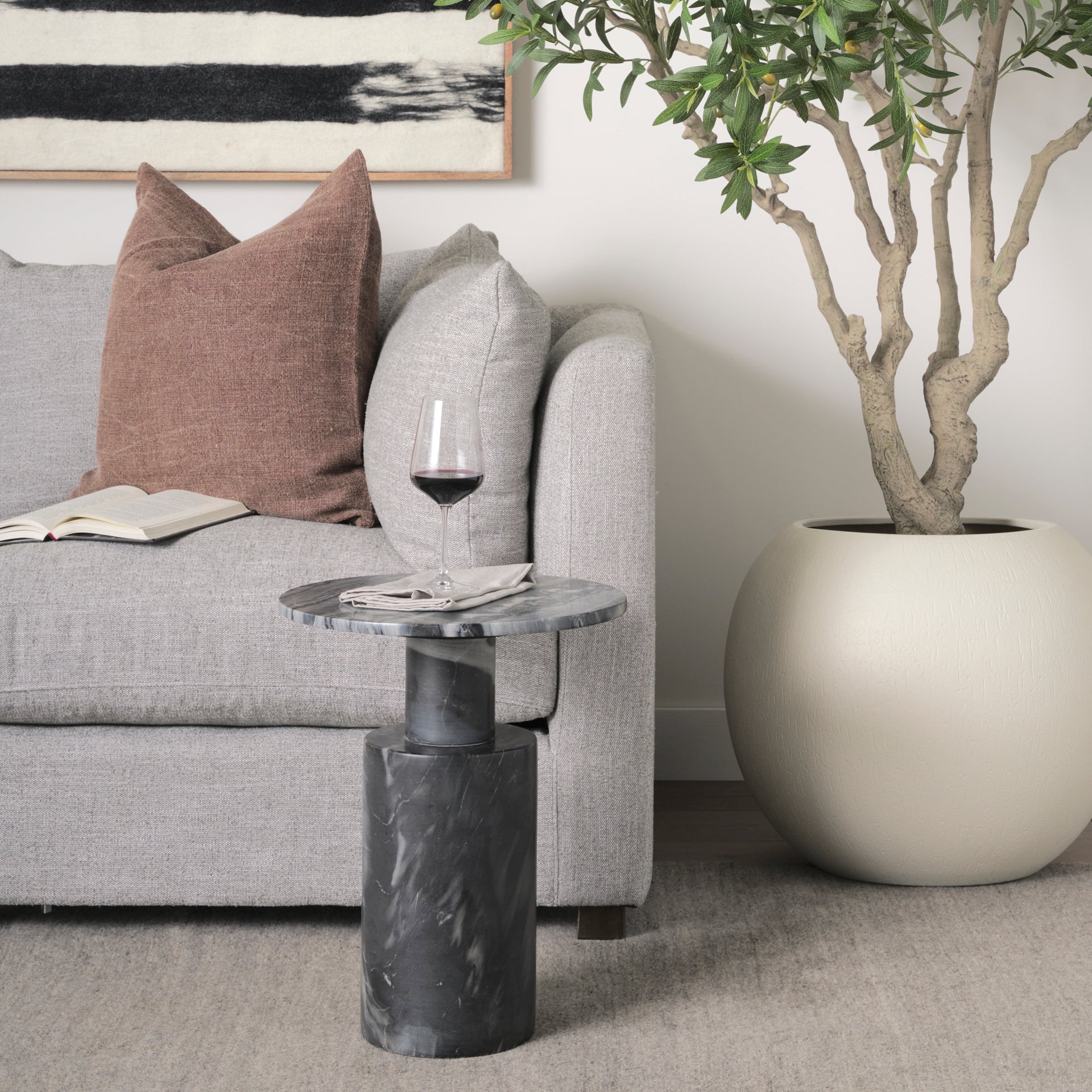 Taite Solid Dark Gray Marble Pedestal Accent Table - Central Designs