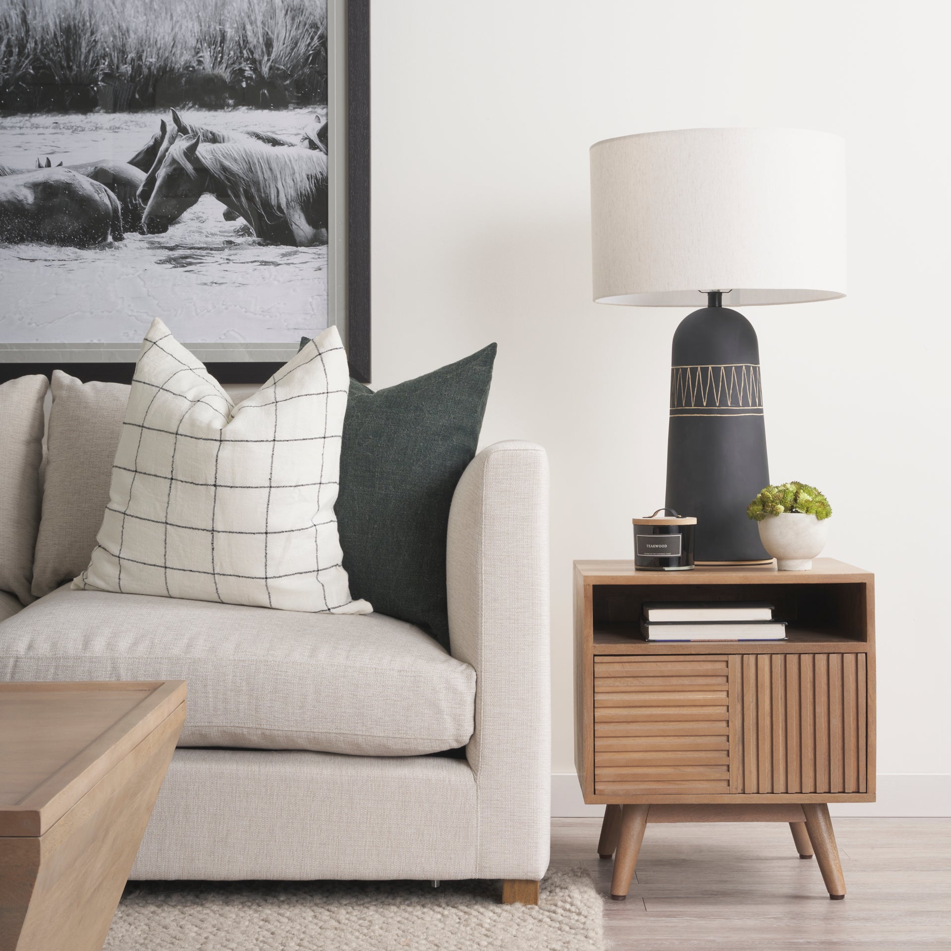 Javier 18.0L x 18.0W x 30.75H Black Base W/Cream Fabric Shade Table Lamp - Central Designs