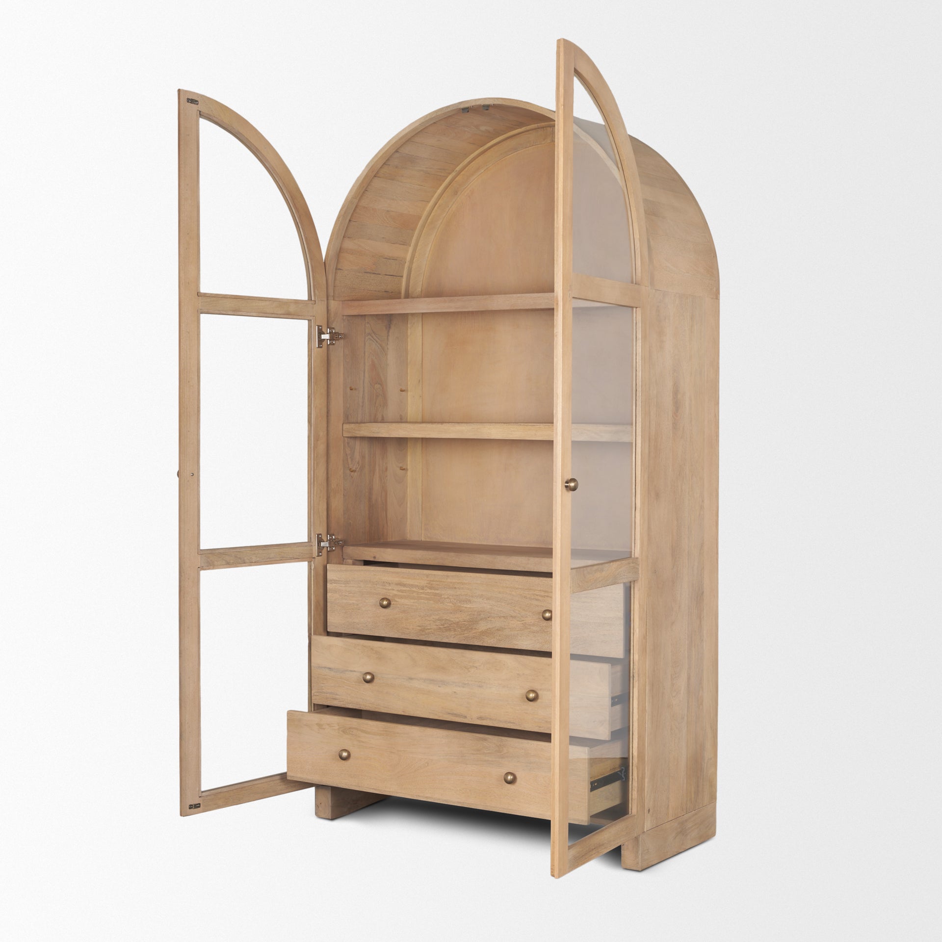 Suri Light Brown Wood W/Glass Doors Arched Curio Cabinet - Central Designs