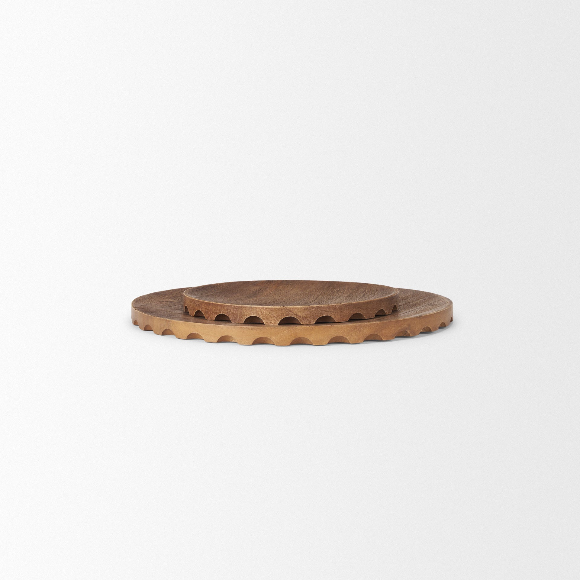 Waverly Round Light Brown Wood Scalloped Edged Trays