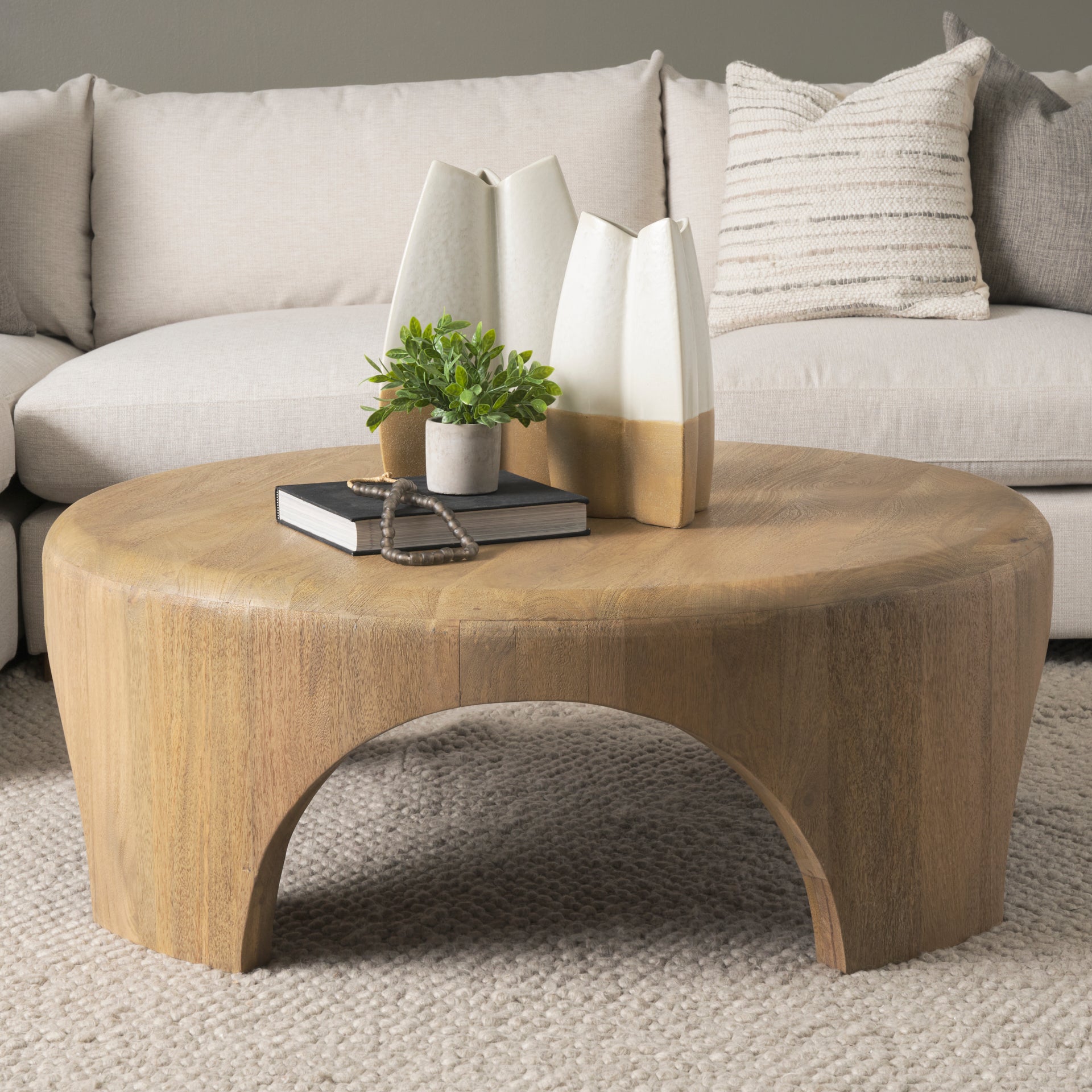 Shima Round Light Brown Wood W/Arched Legs Coffee Table - Central Designs