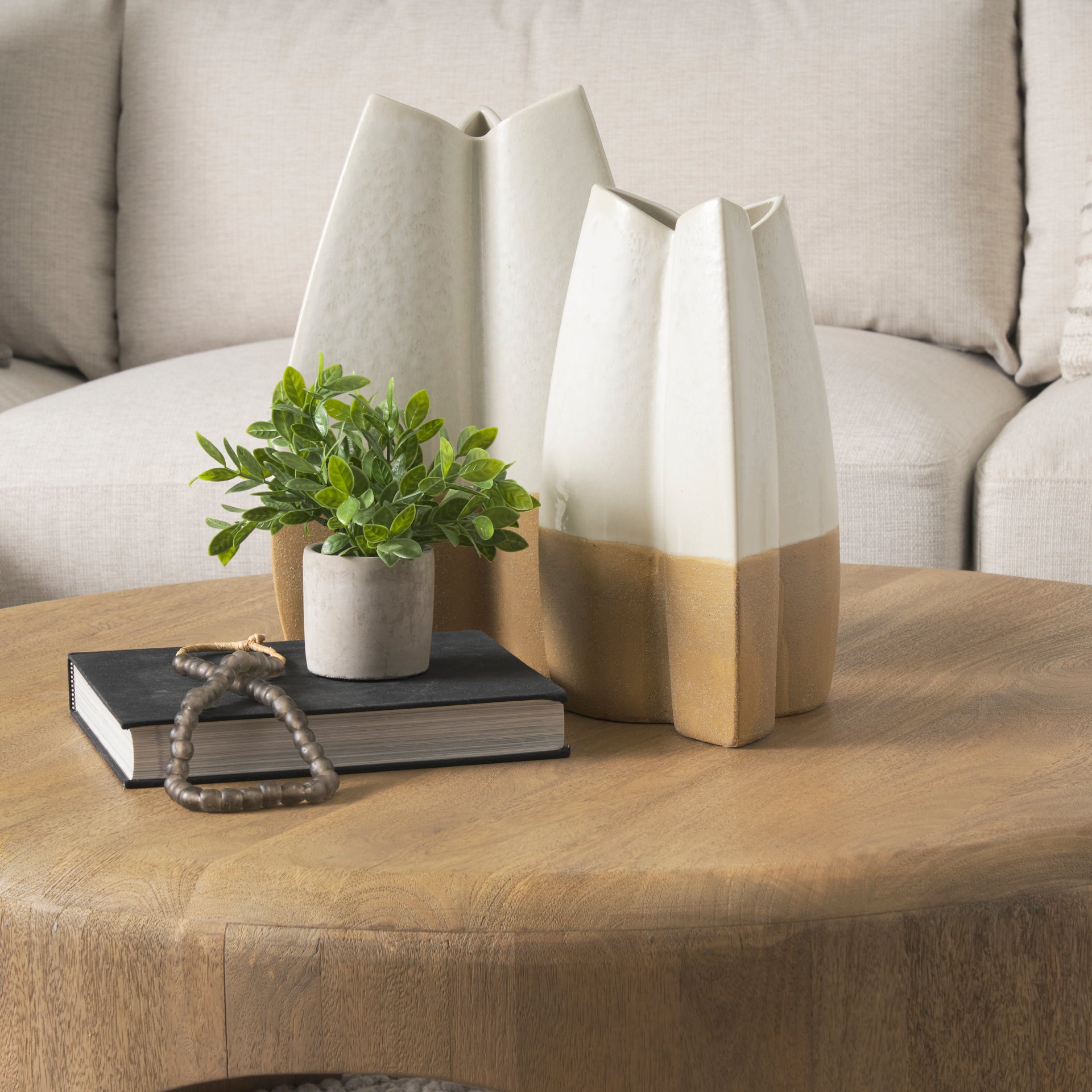 Vania Large Off White w/ Tan Textured Ceramic Vase - Central Designs