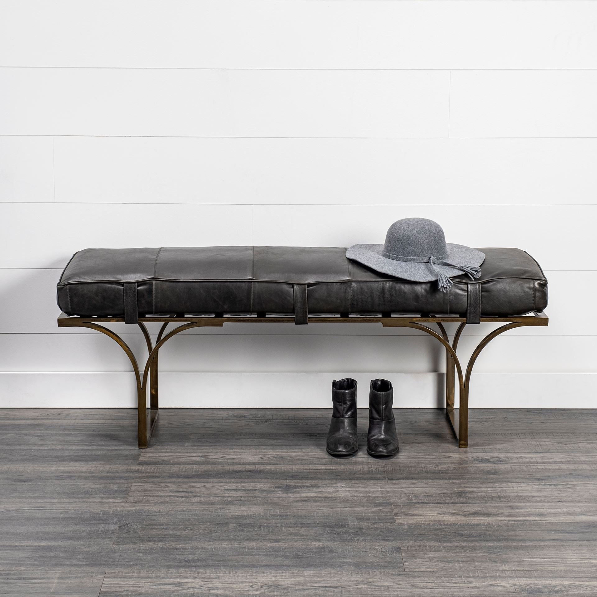 Jessie 55L x 16W Black Leather Seat W/Gold Metal Base Accent Bench - Central Designs