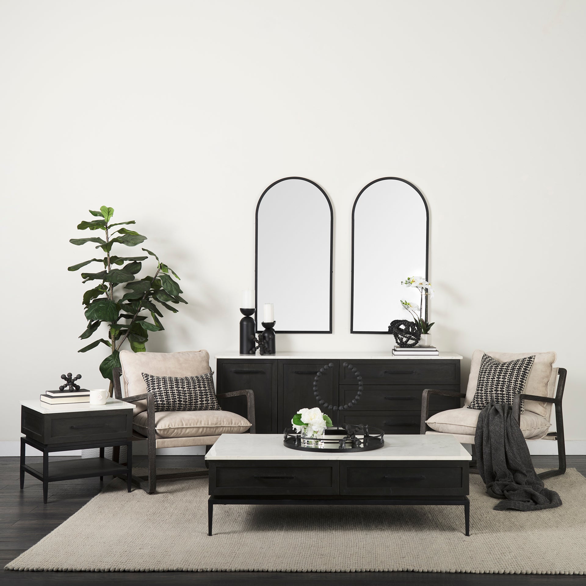 Divina Black - Brown Wood w/ White Marble Top and Black Metal Base Sideboard - Central Designs