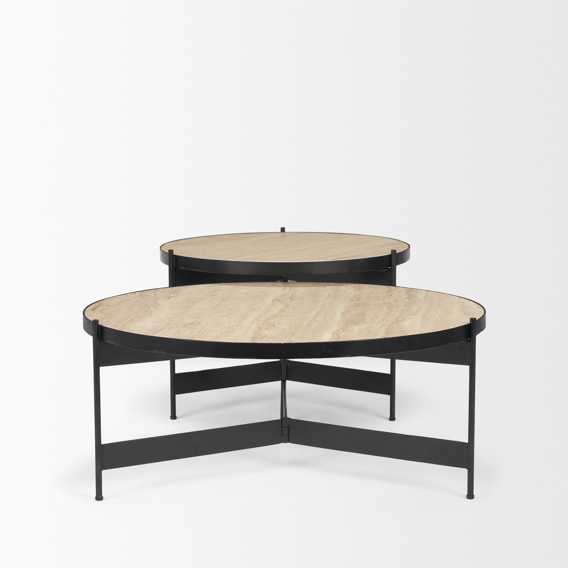 Wade Travertine Marble w/ Matte Black Metal Coffee Tables - Central Designs