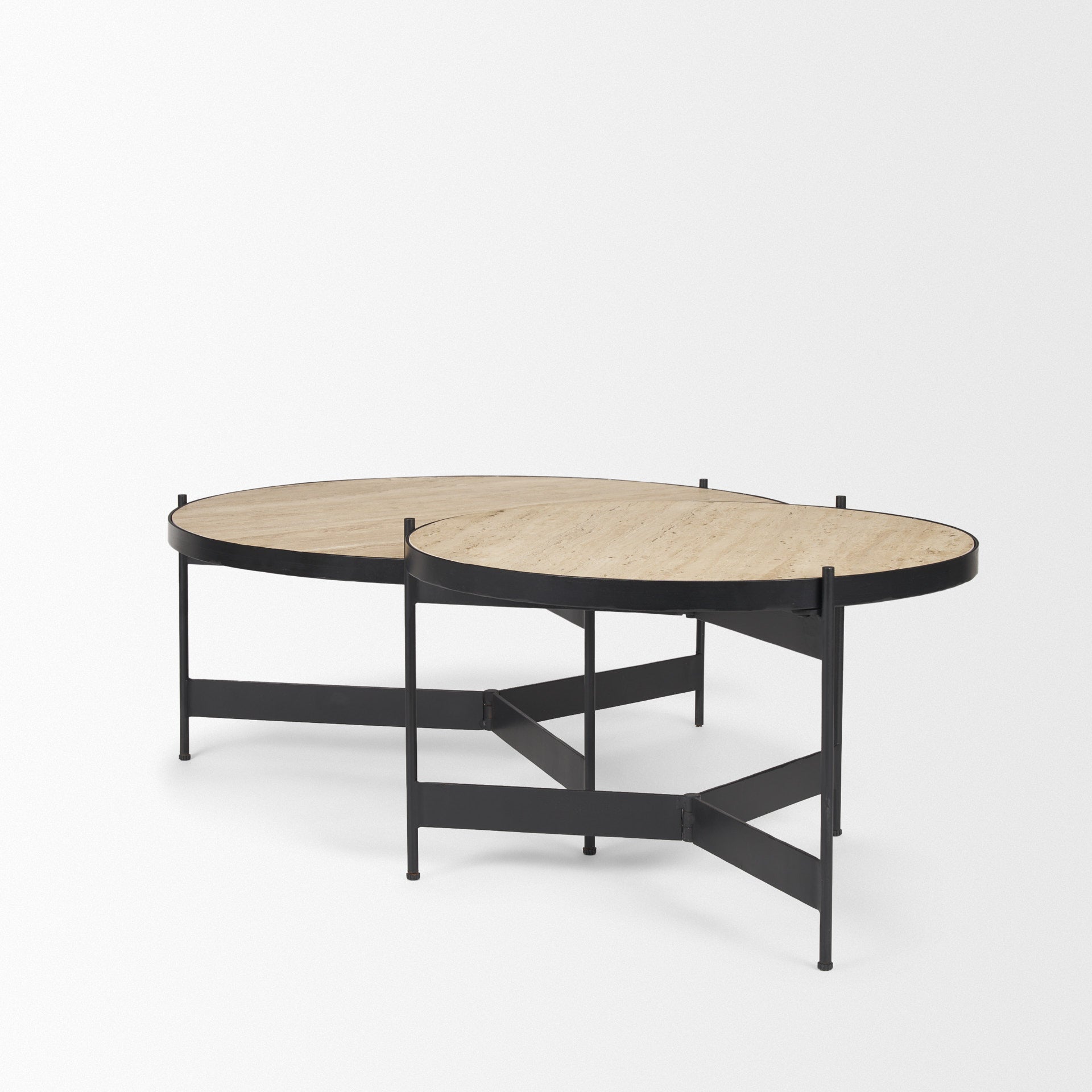 Wade Travertine Marble w/ Matte Black Metal Coffee Tables - Central Designs
