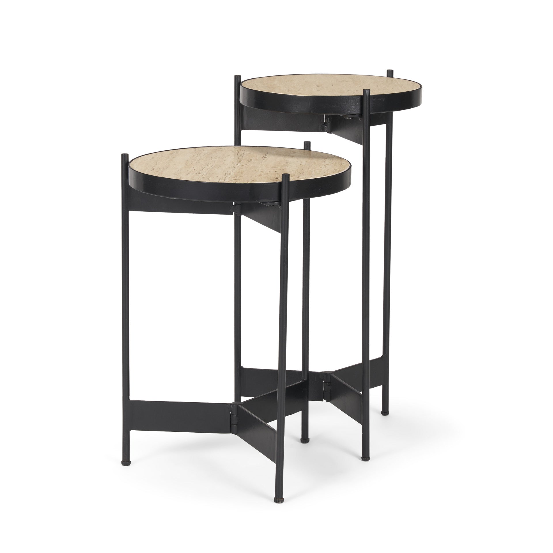 Wade Travertine Marble w/ Matte Black Metal End Tables - Central Designs