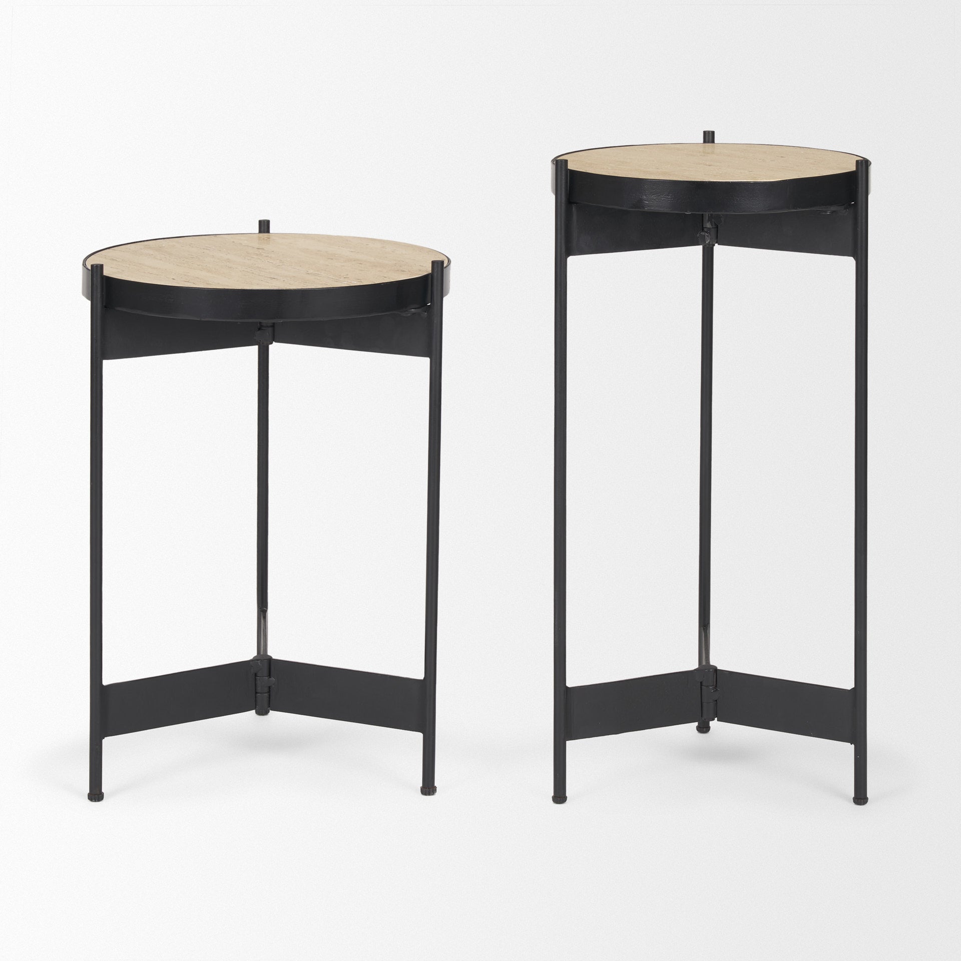 Wade Travertine Marble w/ Matte Black Metal End Tables - Central Designs