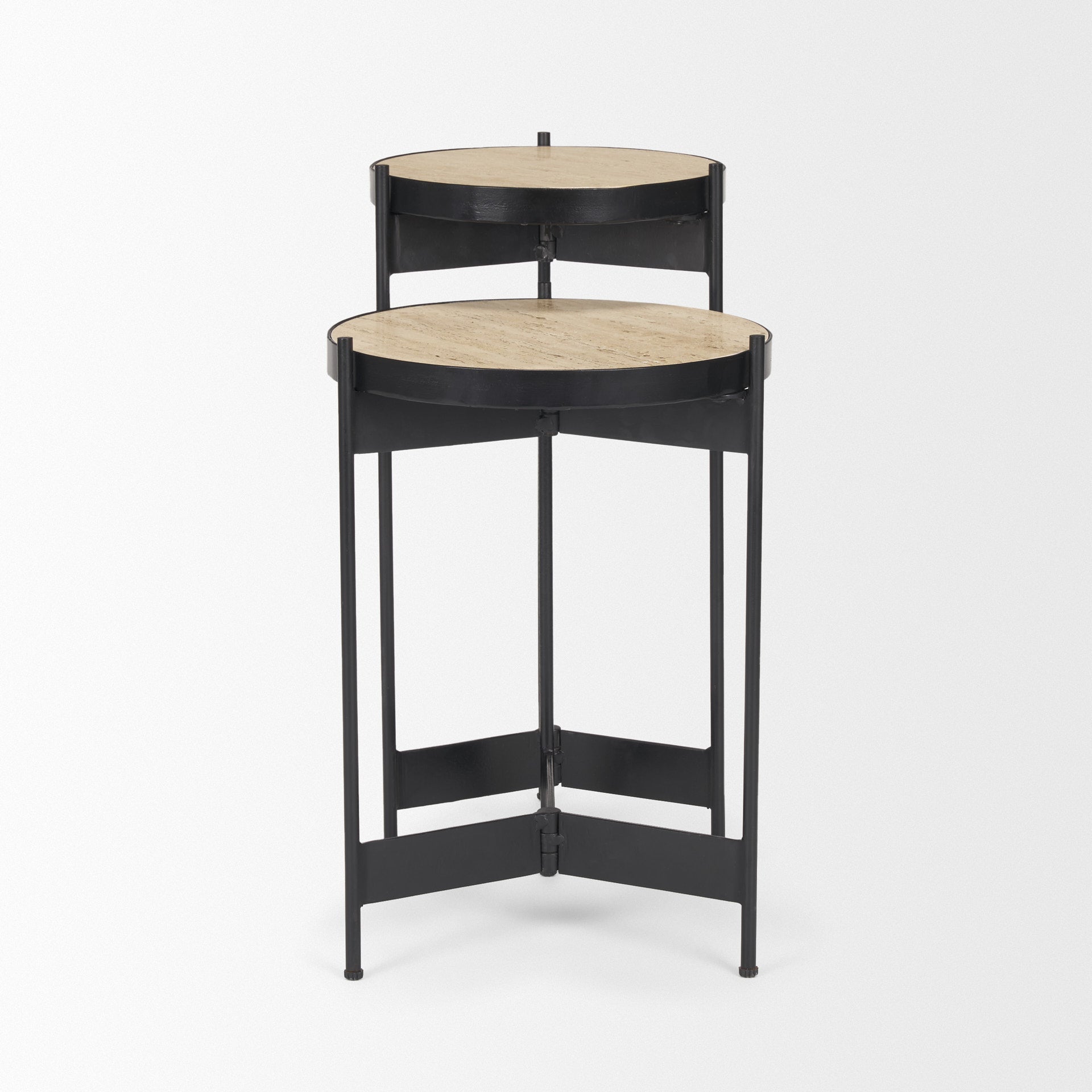 Wade Travertine Marble w/ Matte Black Metal End Tables - Central Designs