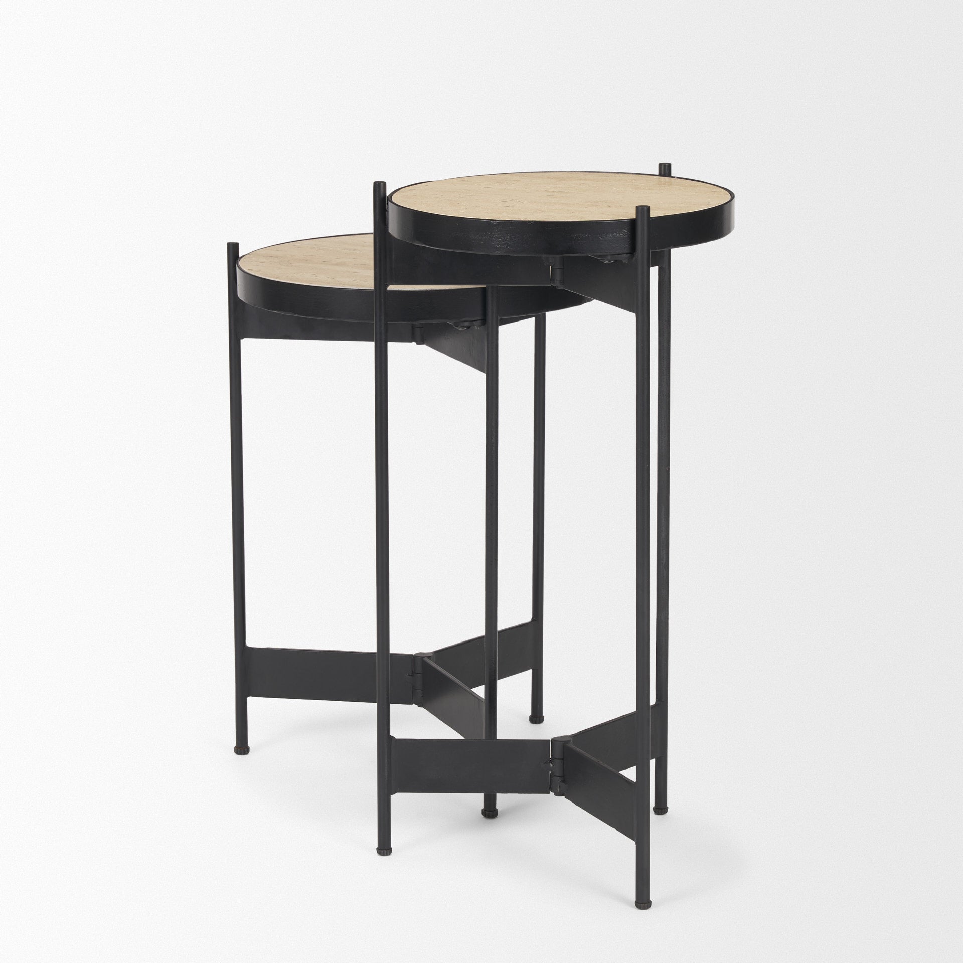 Wade Travertine Marble w/ Matte Black Metal End Tables - Central Designs