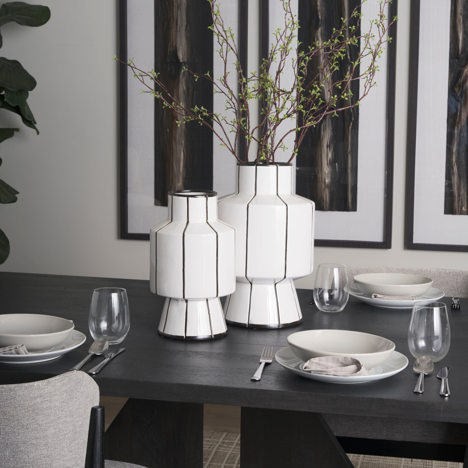 Dinah Large White w/ Black Stripes Ceramic Vase - Central Designs