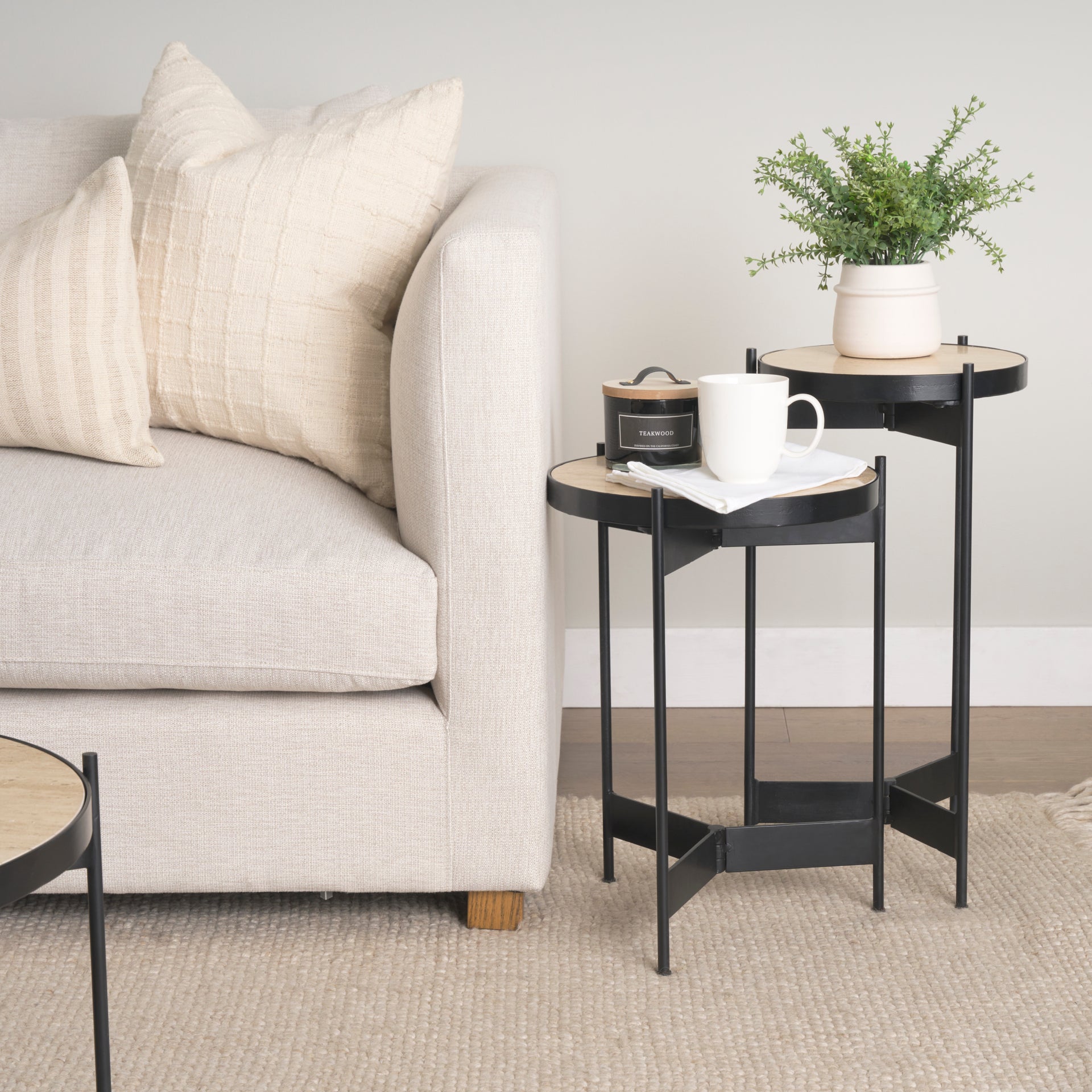Wade Travertine Marble w/ Matte Black Metal End Tables - Central Designs