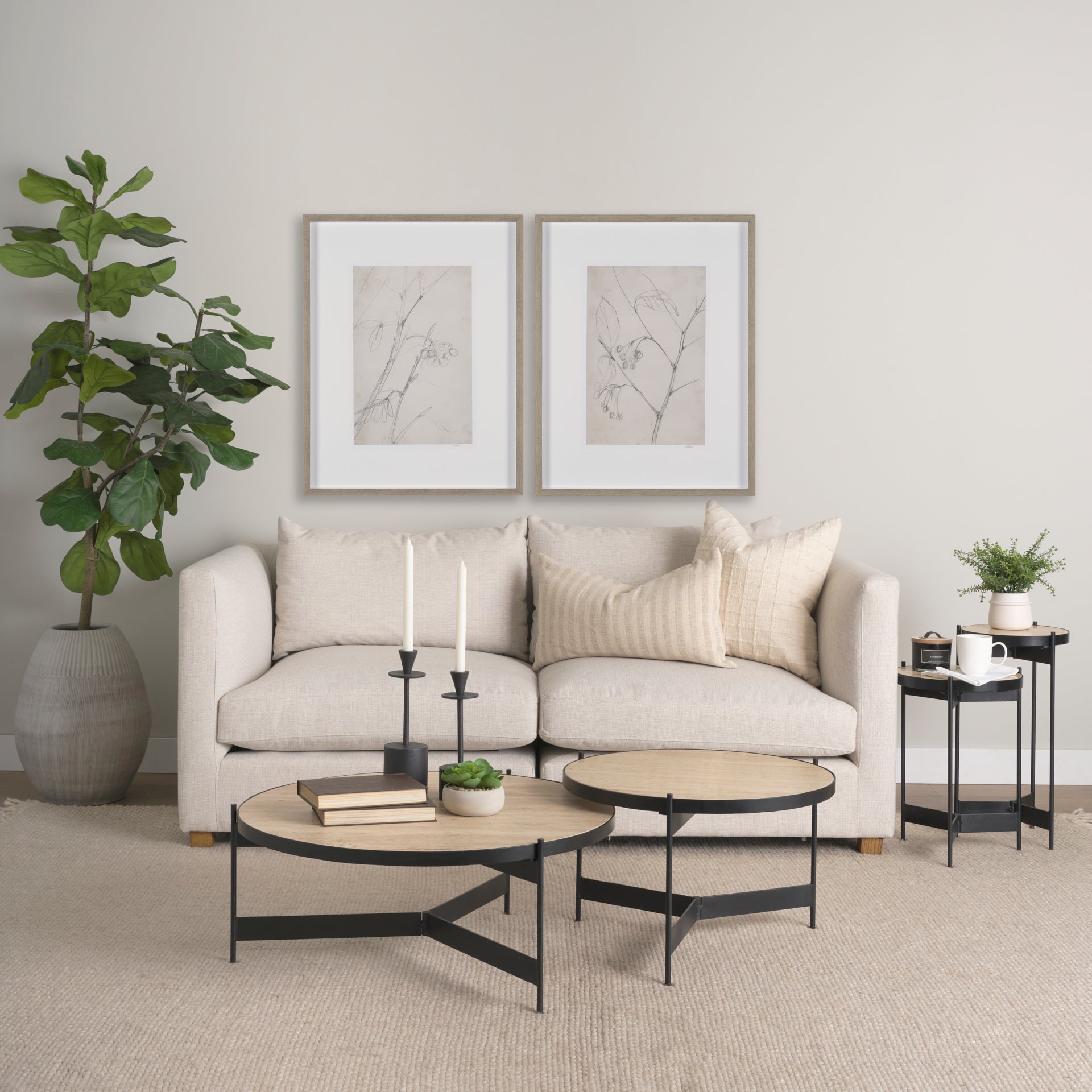 Wade Travertine Marble w/ Matte Black Metal End Tables - Central Designs