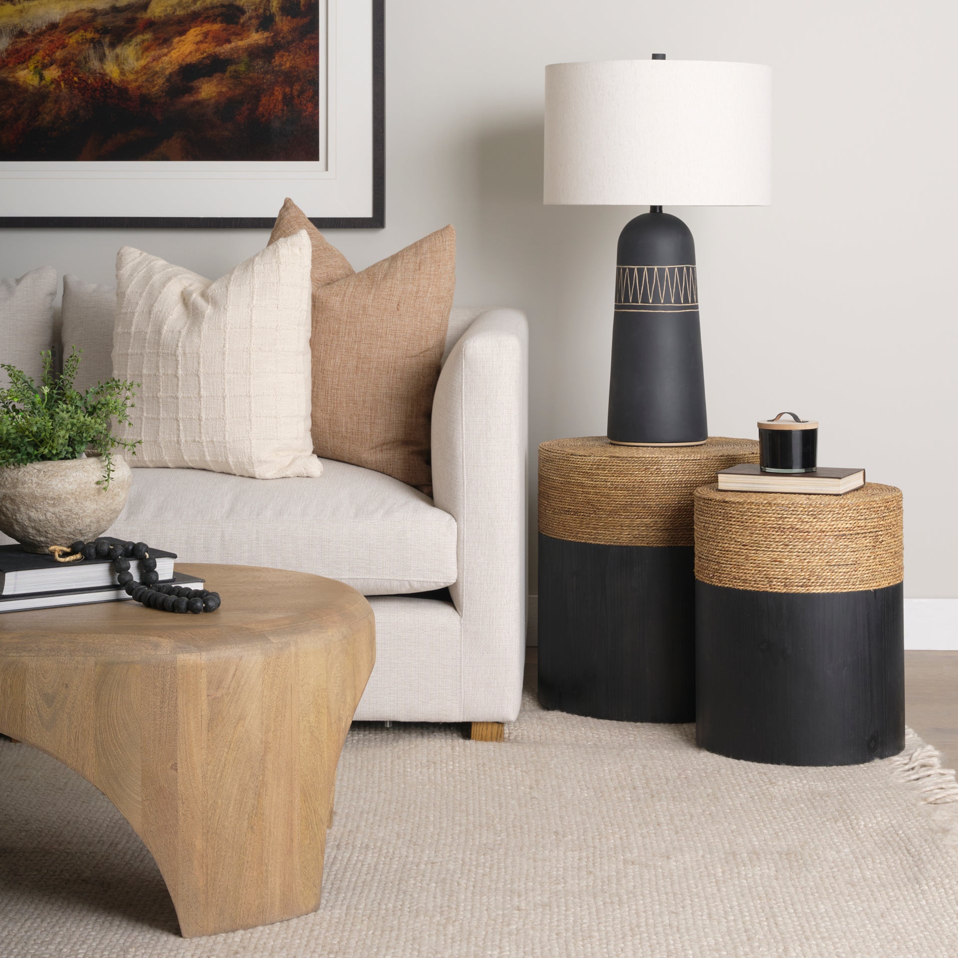 Wenopa Matte Black Wood w/ Natural Jute Accent Tables - Central Designs