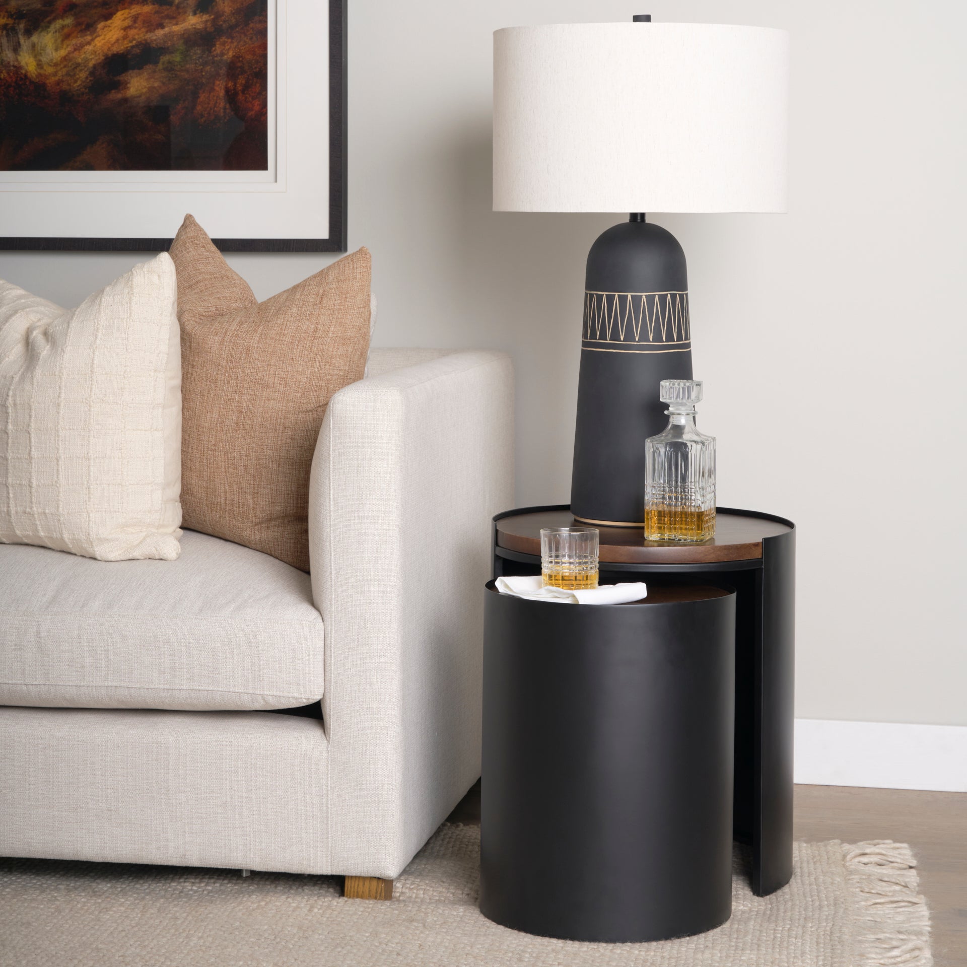 Varden Matte Black Metal w/ Dark Brown Wood Top Nesting Accent Tables - Central Designs