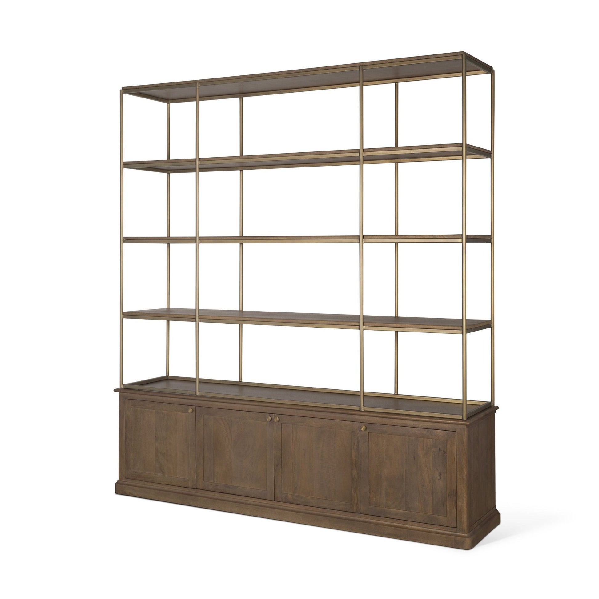 Braxton Dark Brown Wood w/ Antique Brass Metal Three Shelf Shelving Unit - Central Designs