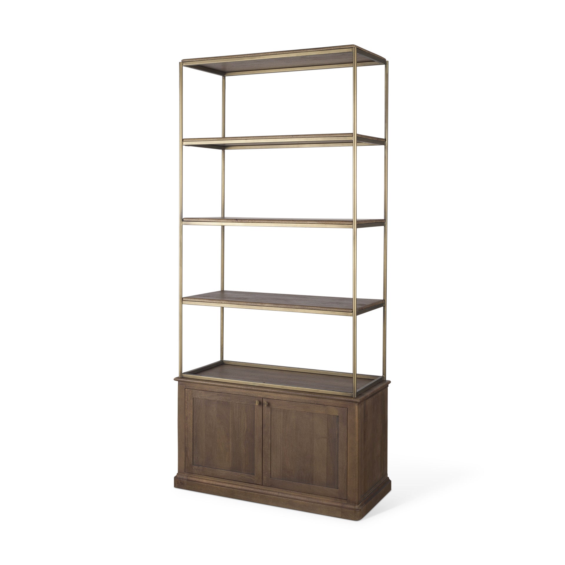 Braxton Dark Brown Wood w/ Antiqued Aged Brass Metal 3 Tiers 2 Door Shelving Unit - Central Designs