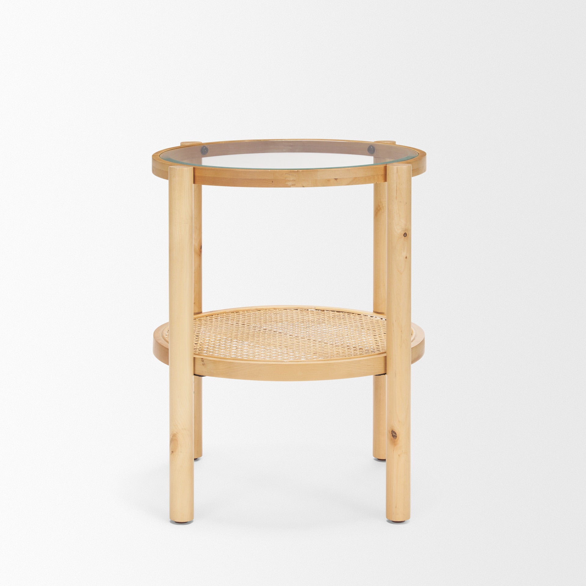 Weslyn Solid Light Brown Wood and Glass Top w/ Cane Side Table - Central Designs