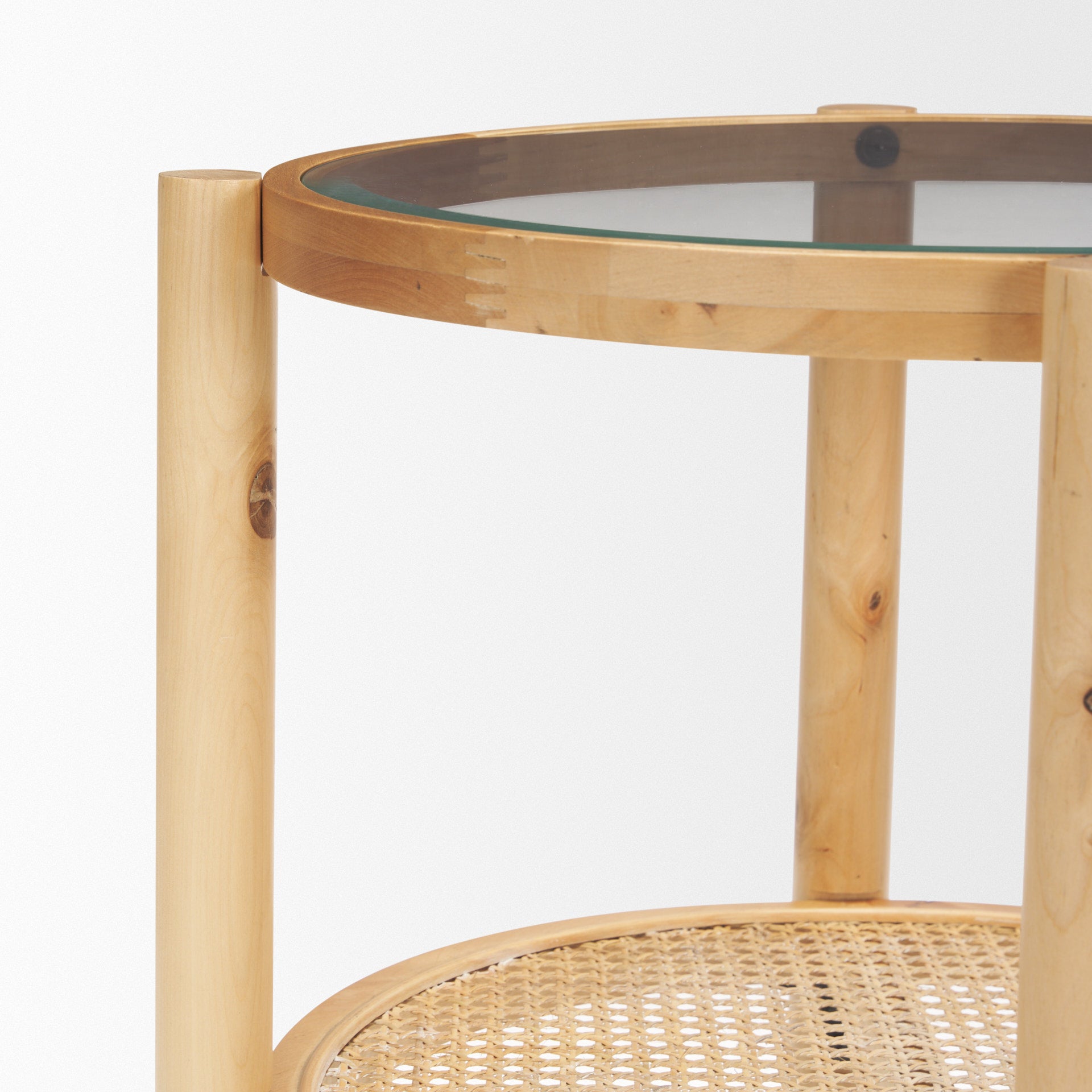 Weslyn Solid Light Brown Wood and Glass Top w/ Cane Side Table - Central Designs