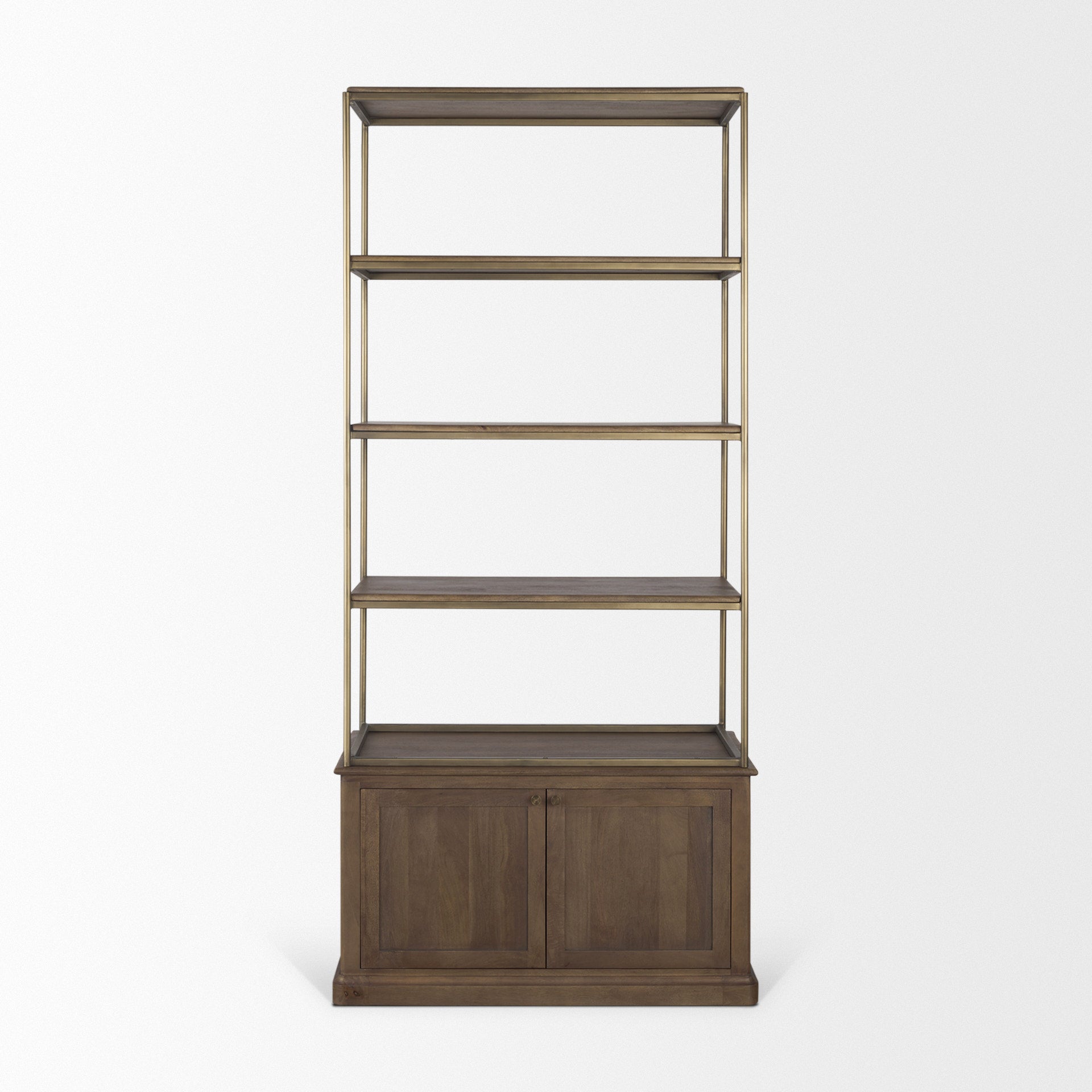 Braxton Dark Brown Wood w/ Antiqued Aged Brass Metal 3 Tiers 2 Door Shelving Unit - Central Designs