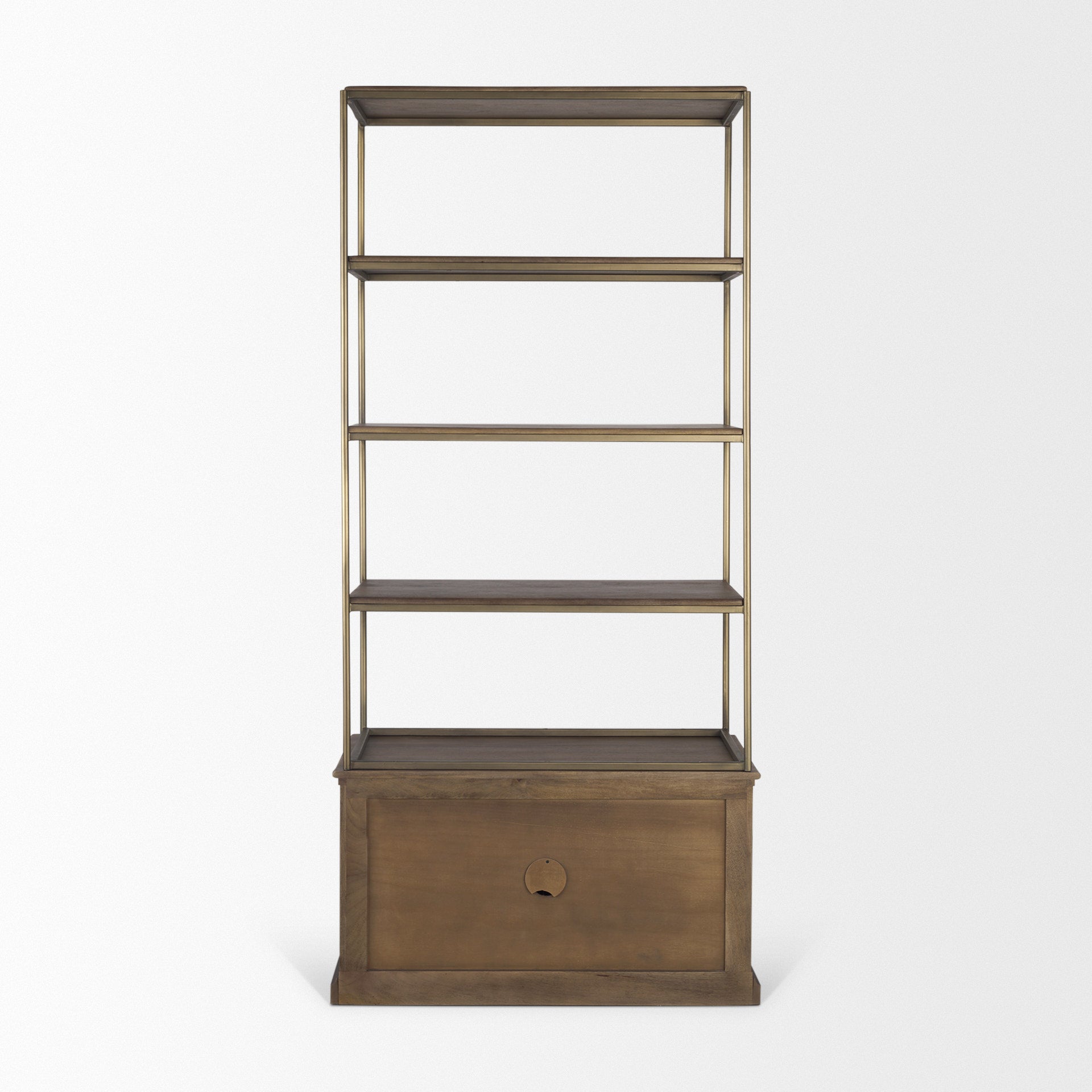 Braxton Dark Brown Wood w/ Antiqued Aged Brass Metal 3 Tiers 2 Door Shelving Unit - Central Designs