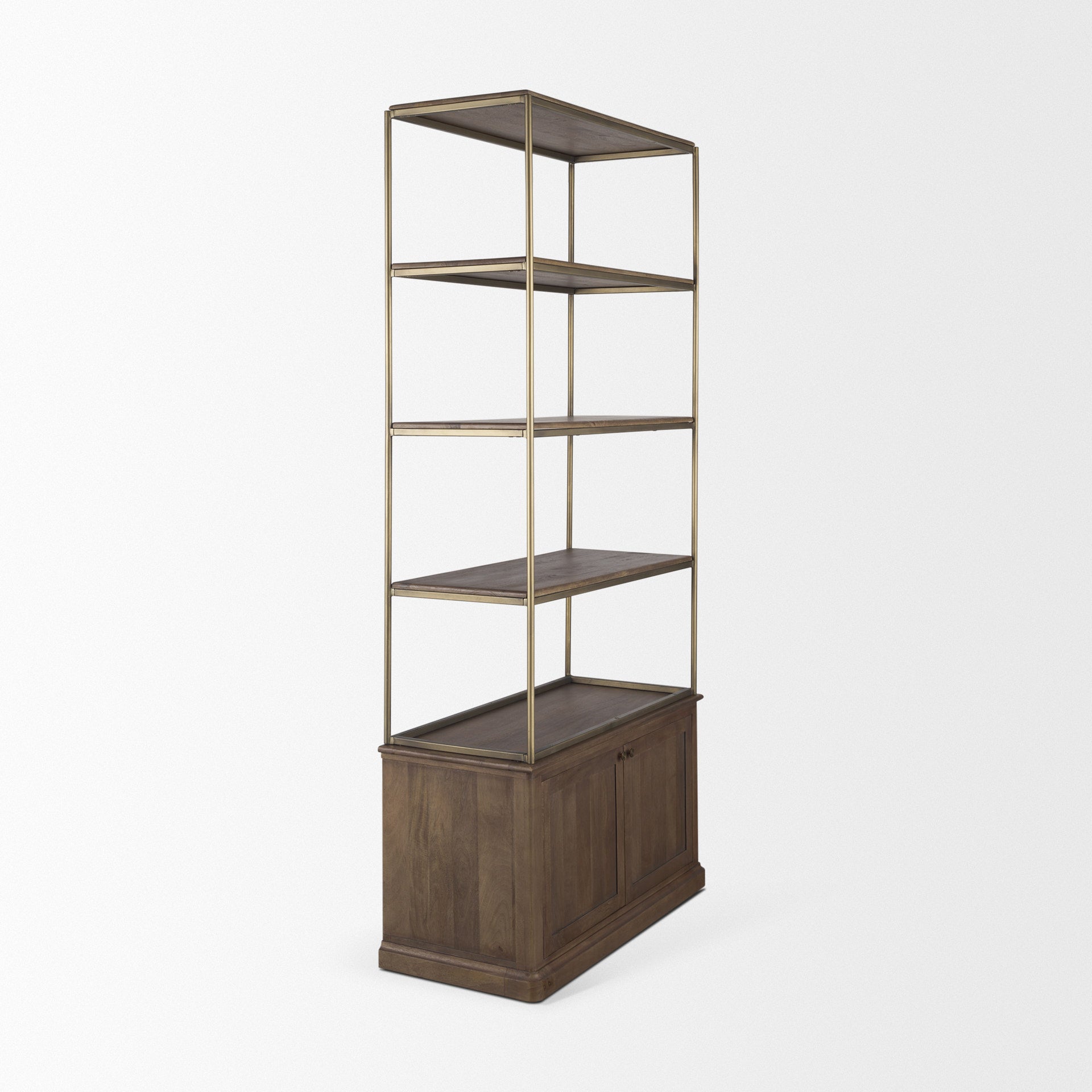 Braxton Dark Brown Wood w/ Antiqued Aged Brass Metal 3 Tiers 2 Door Shelving Unit - Central Designs