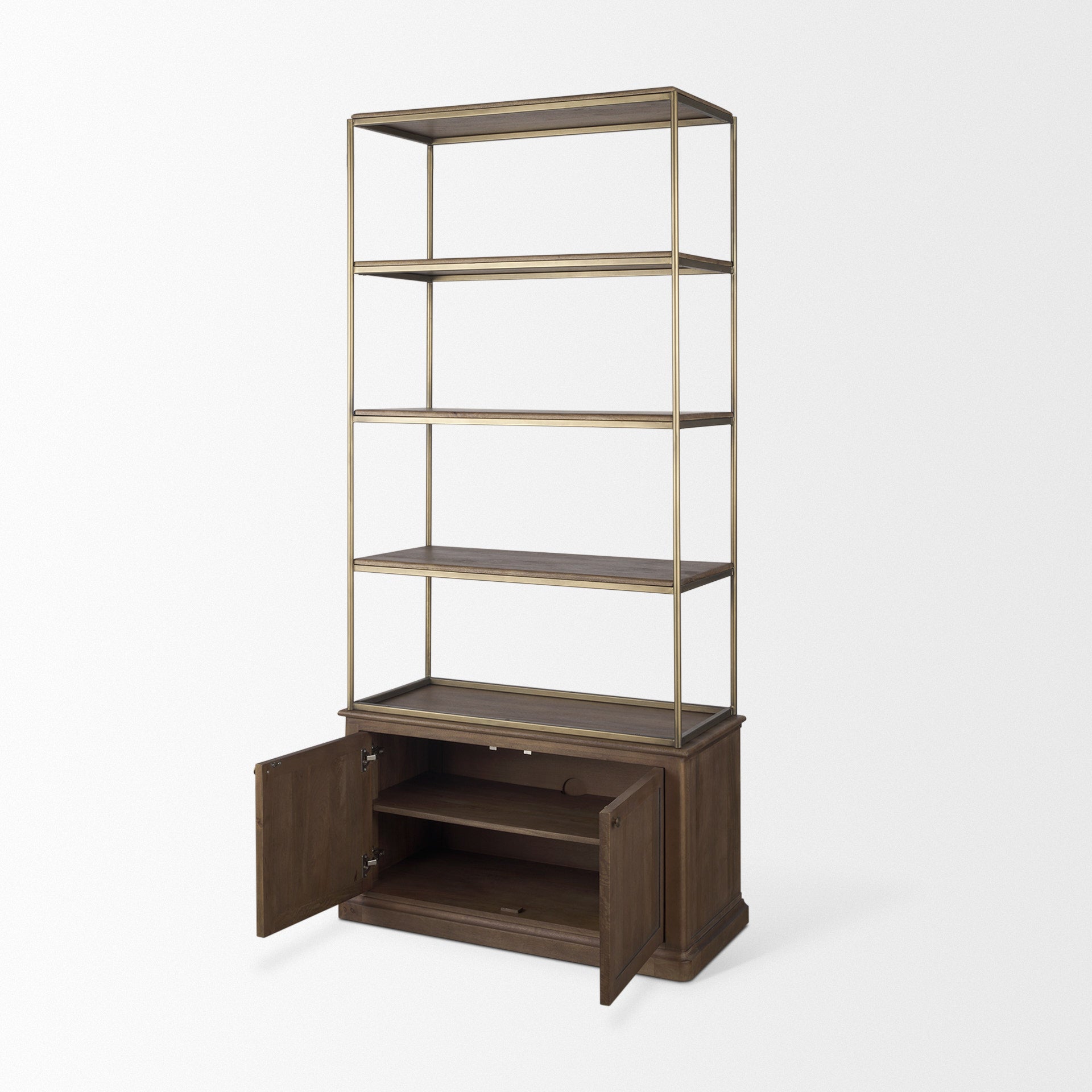Braxton Dark Brown Wood w/ Antiqued Aged Brass Metal 3 Tiers 2 Door Shelving Unit - Central Designs