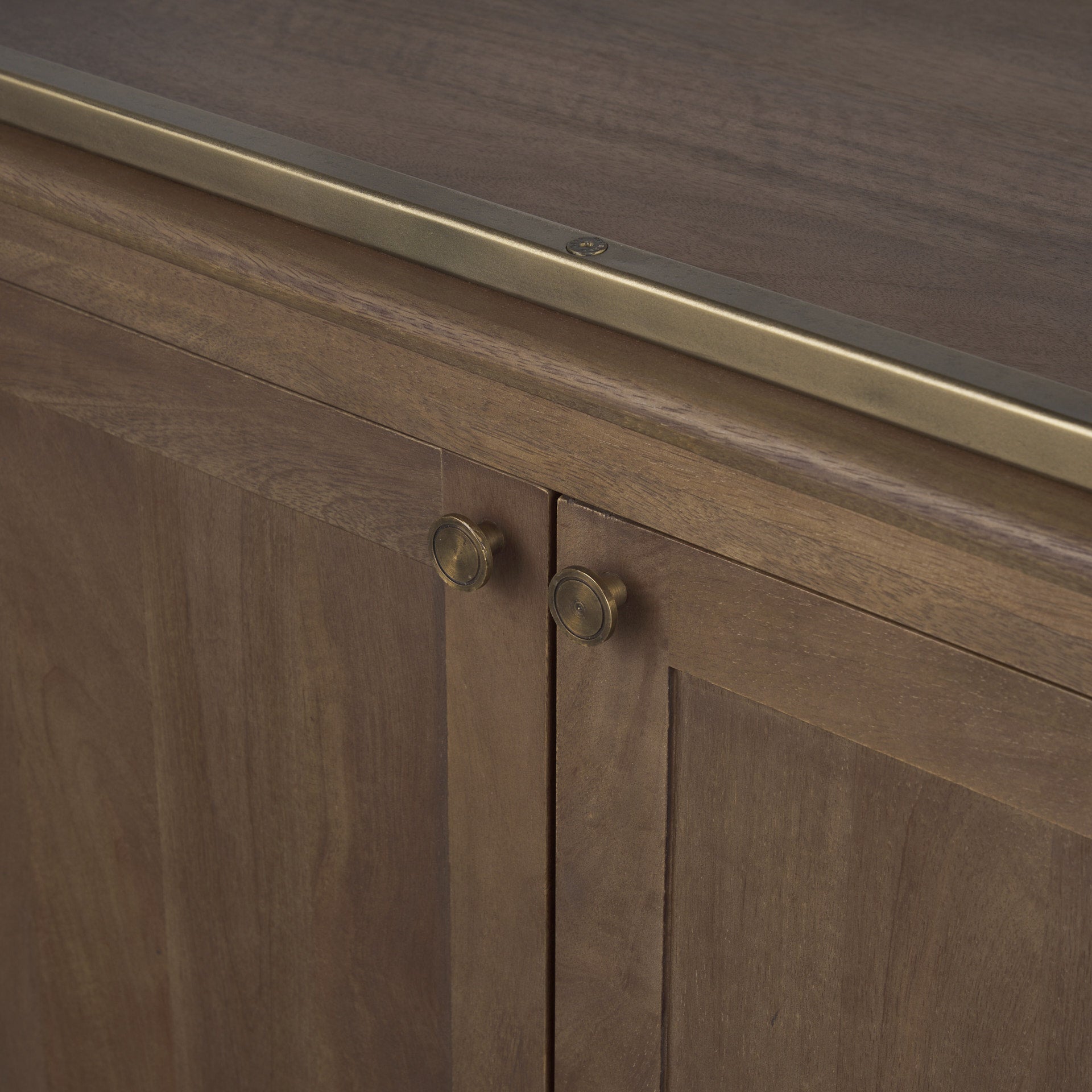 Braxton Dark Brown Wood w/ Antiqued Aged Brass Metal 3 Tiers 2 Door Shelving Unit - Central Designs