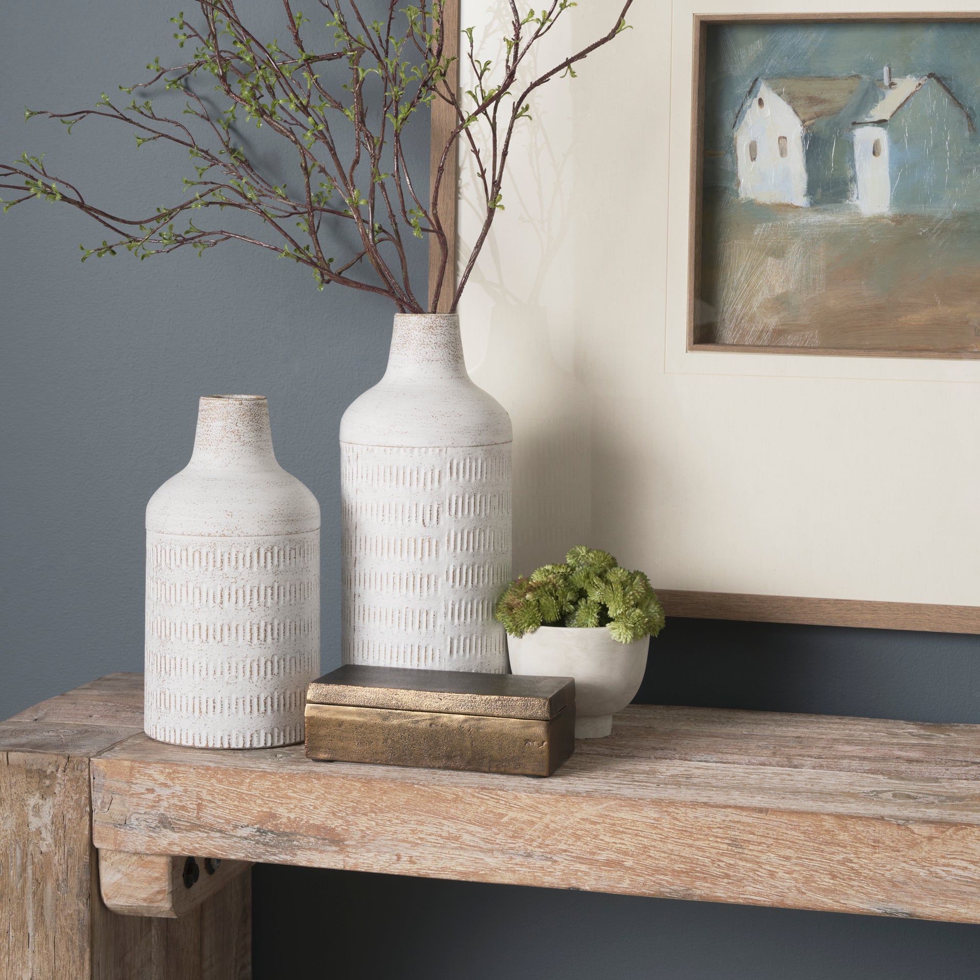 Tisha Small White W/ Terracotta Distressing Metal Vase - Central Designs