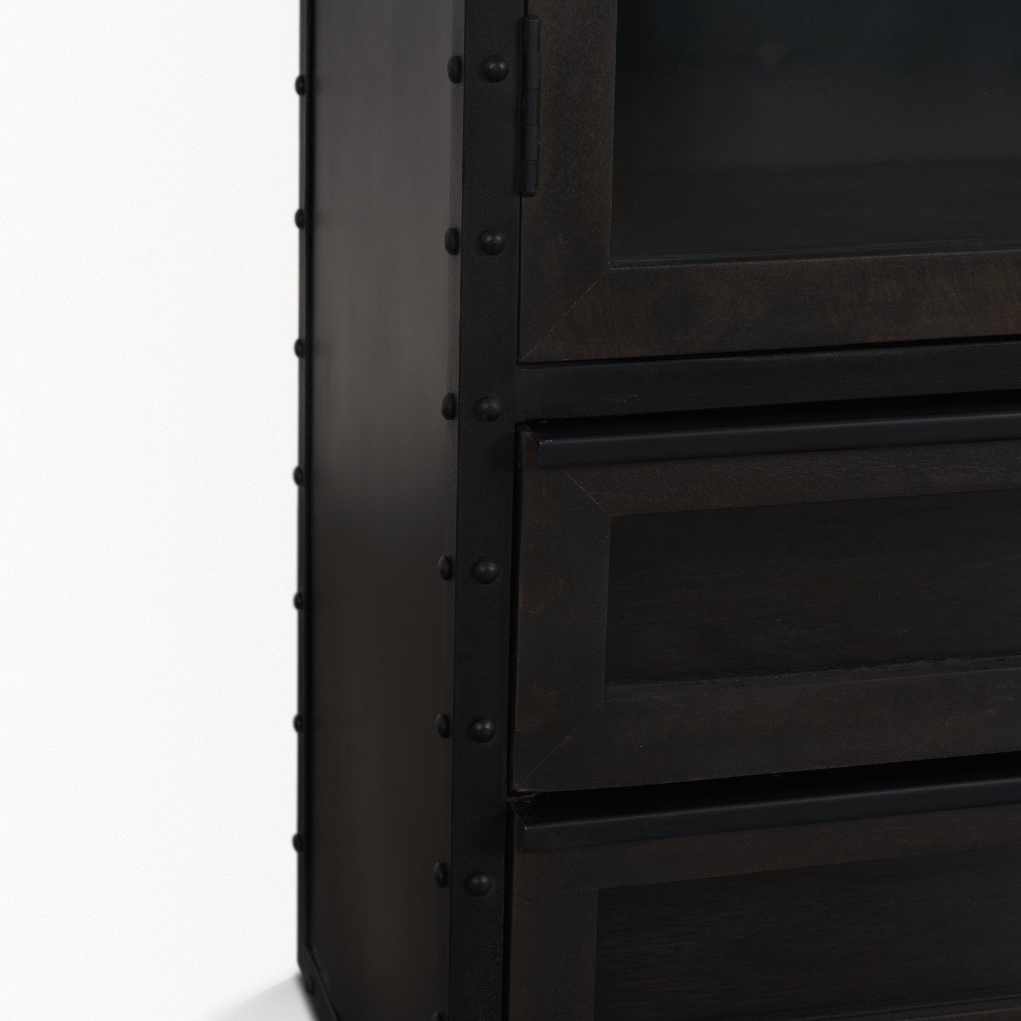 Gehry 72.3" H Dark Brown Metal Brown Wood and Glass Door Display Cabinet - Central Designs
