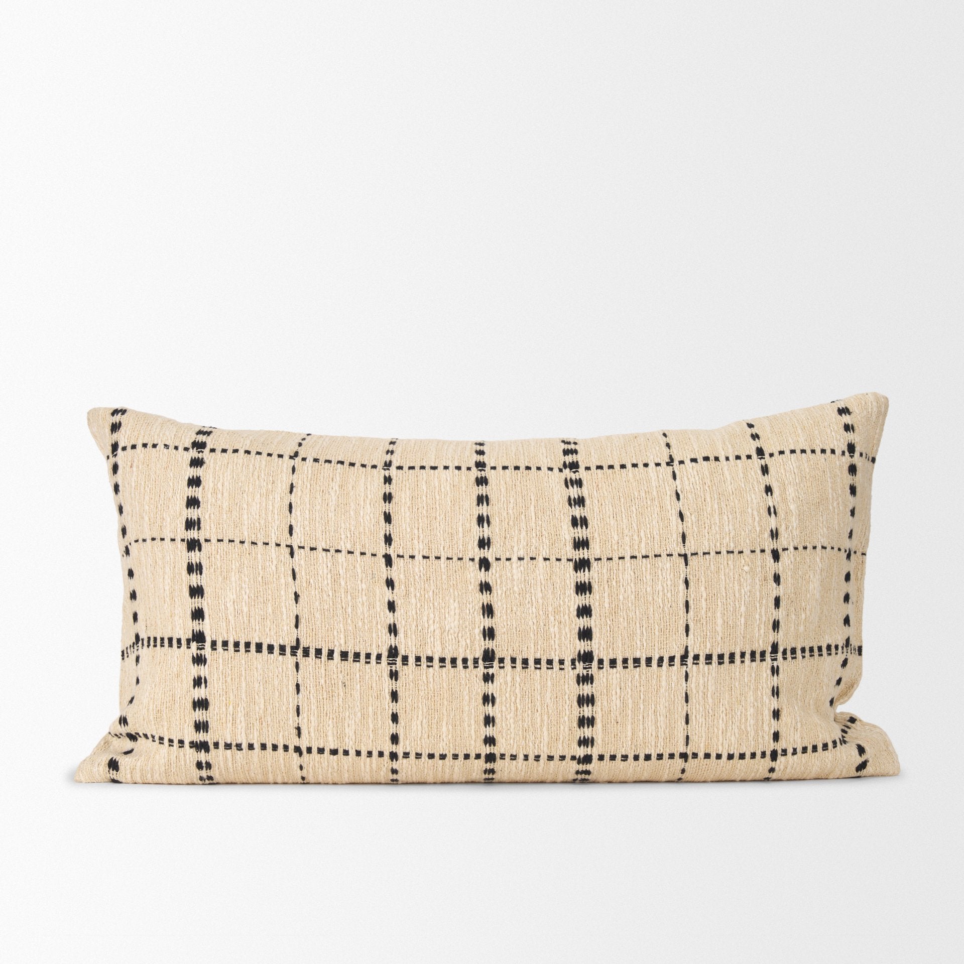 Jaela Beige and Black Striped Checkered Decorative Lumbar Pillow Cover - Central Designs