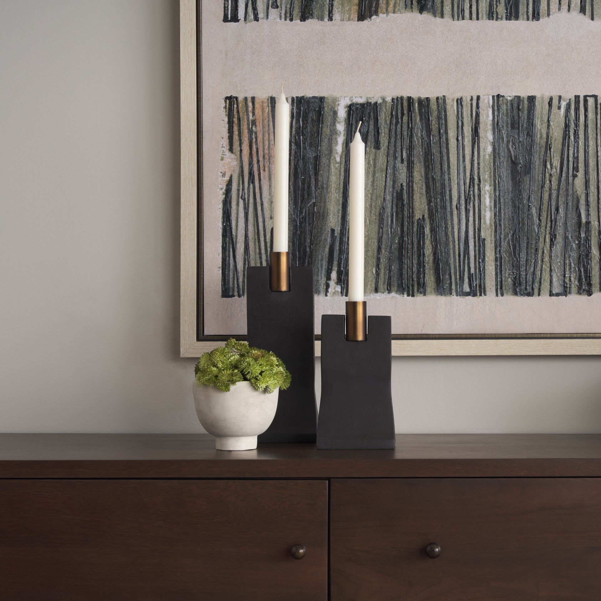 Polli Matte Black w/ Brushed Gold Metal Taper Candleholders (Set of 2) - Central Designs
