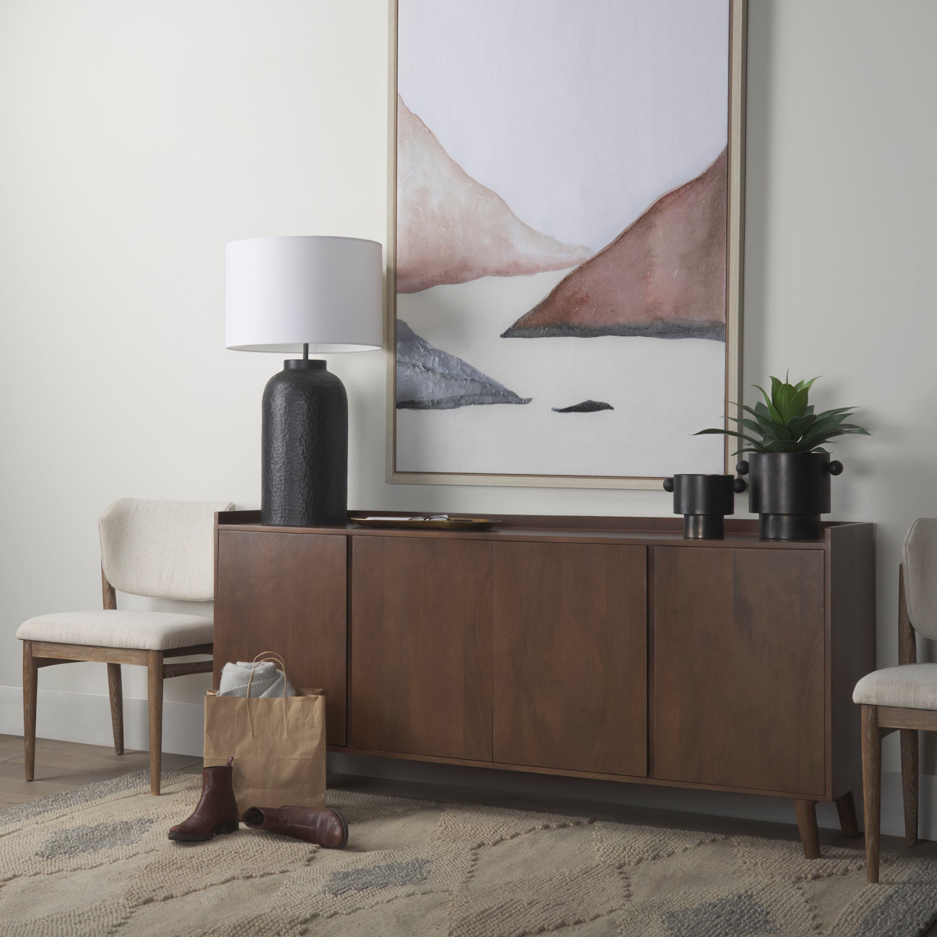 Leo 18.0L x 18.0W x 31.0H Black Hammered W/White Fabric Shade Table Lamp