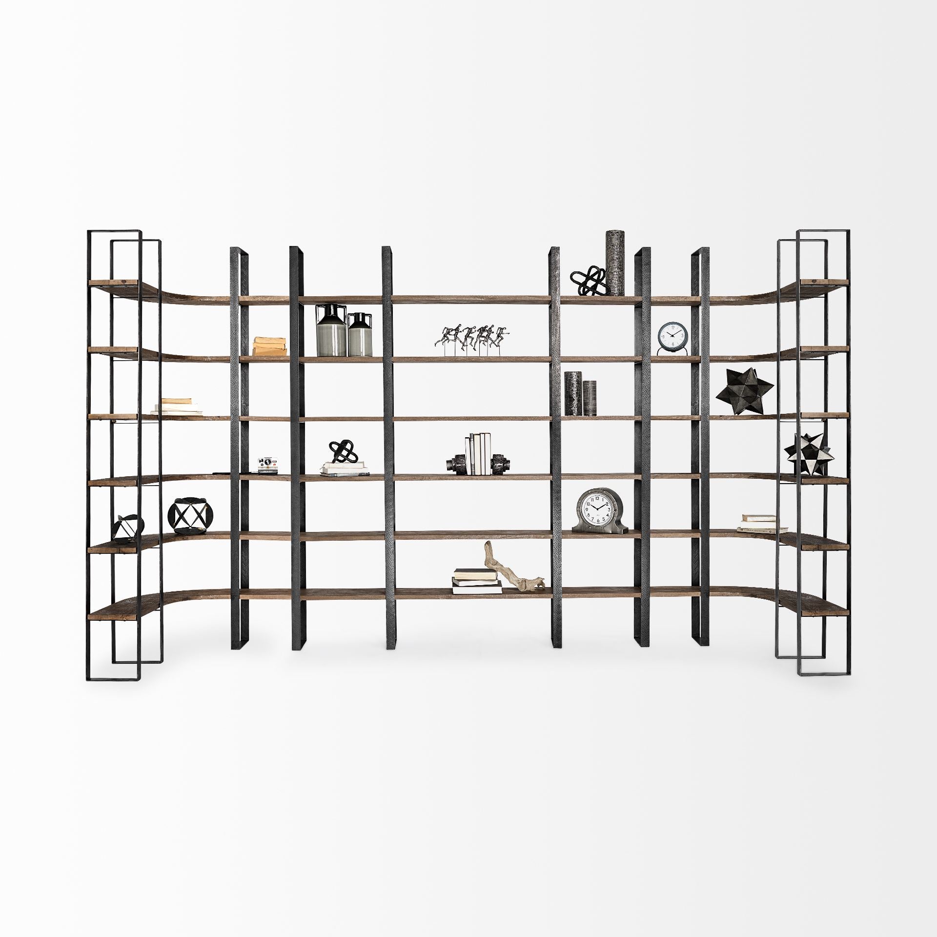 Taunton II 80L x 10.5W x 90H Dark Brown Wood And Black Iron Six Shelving Unit - Central Designs