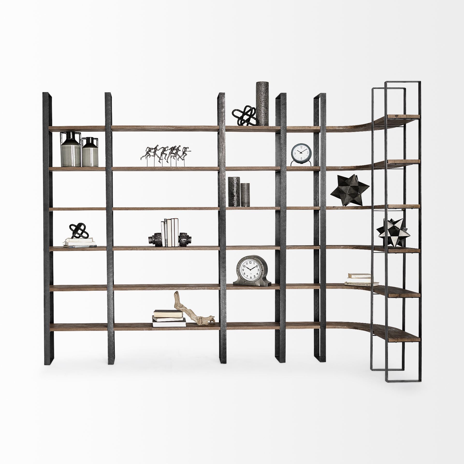 Turner II 37L x 10.5W x 90H Curved Dark Brown Wood And Black Iron Six Shelving Unit - Central Designs